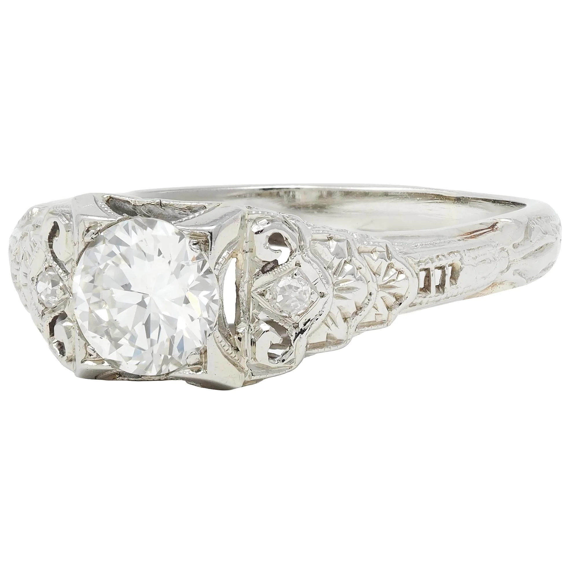 Late Art Deco 0.70 CTW European Cut Diamond 18 Karat White Gold Vintage Lotus Engagement Ring - Image 6