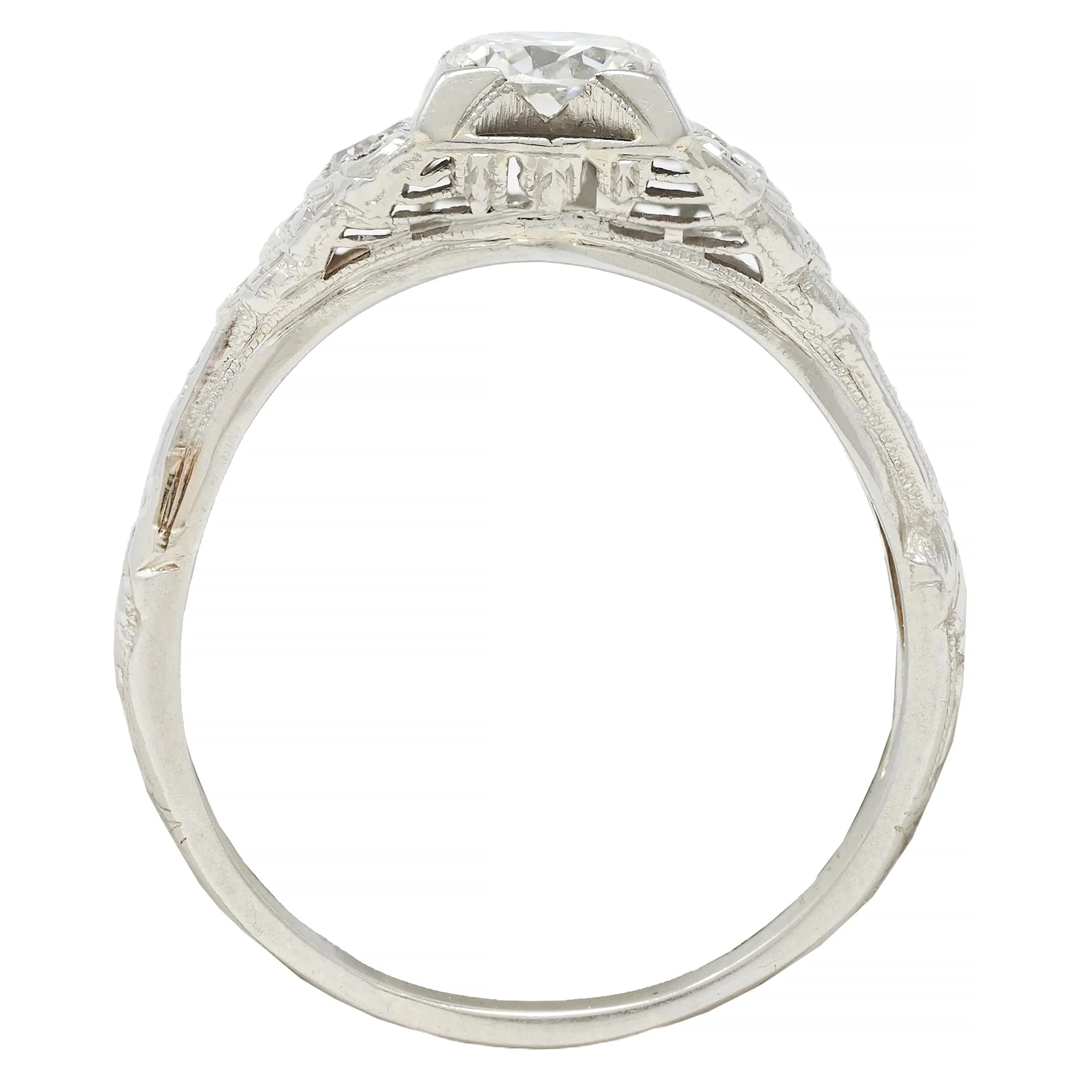 Late Art Deco 0.70 CTW European Cut Diamond 18 Karat White Gold Vintage Lotus Engagement Ring - Image 8