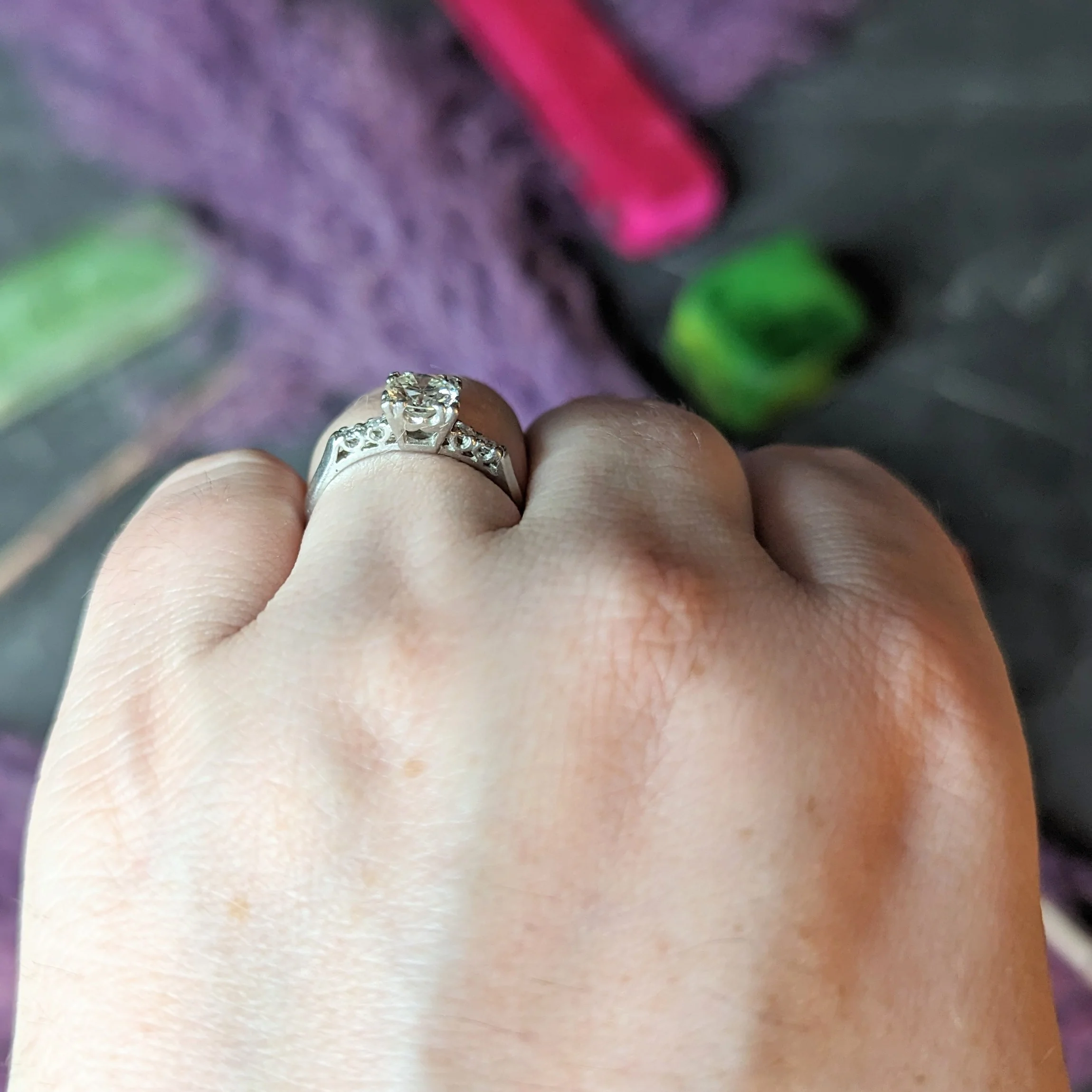 Late Art Deco 0.96 CTW Transitional Cut Diamond Platinum Five Stone Engagement Ring - Image 10