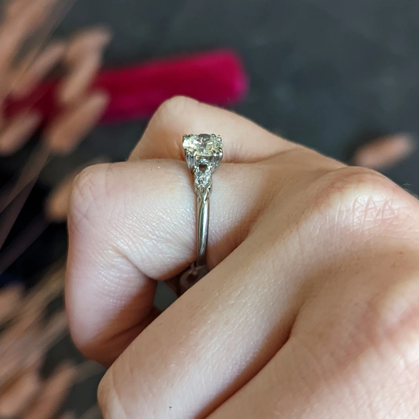 Late Art Deco 1.14 CTW Diamond Palladium Flower Engagement Ring - Image 14