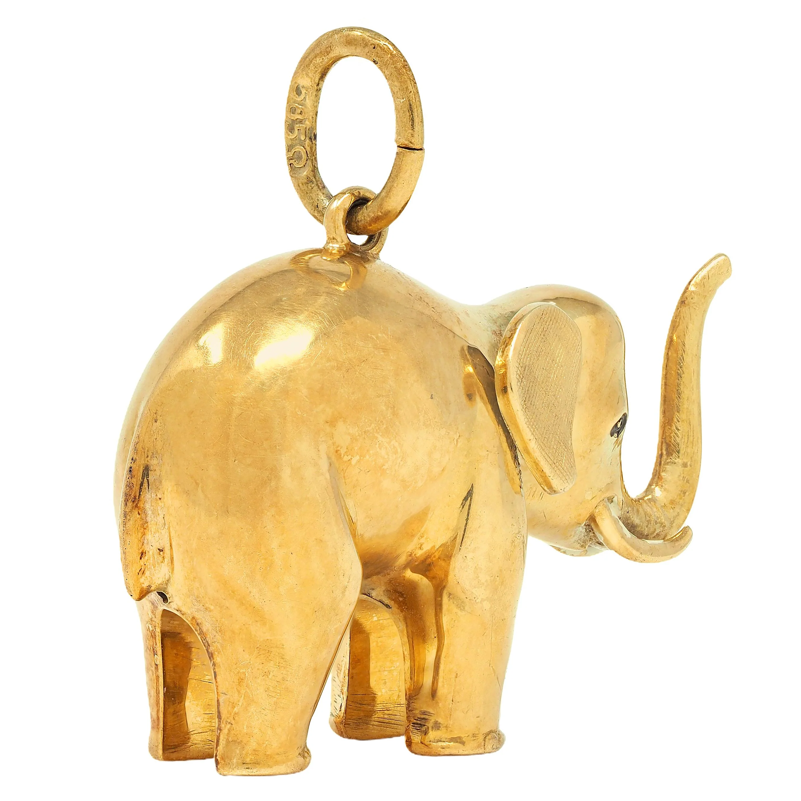 Late Art Deco 14 Karat Yellow Gold Elephant Pendant Charm - Image 2