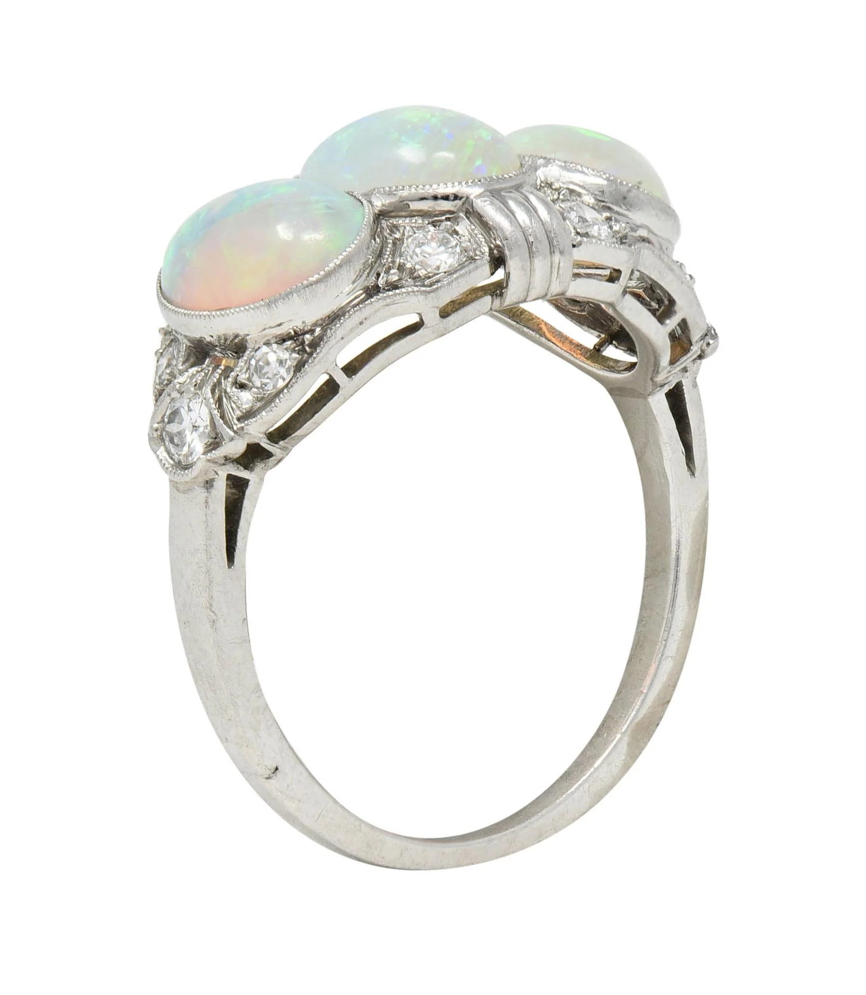 Late Art Deco Opal Cabochon Diamond Platinum Vintage Dinner Band Ring - Image 11