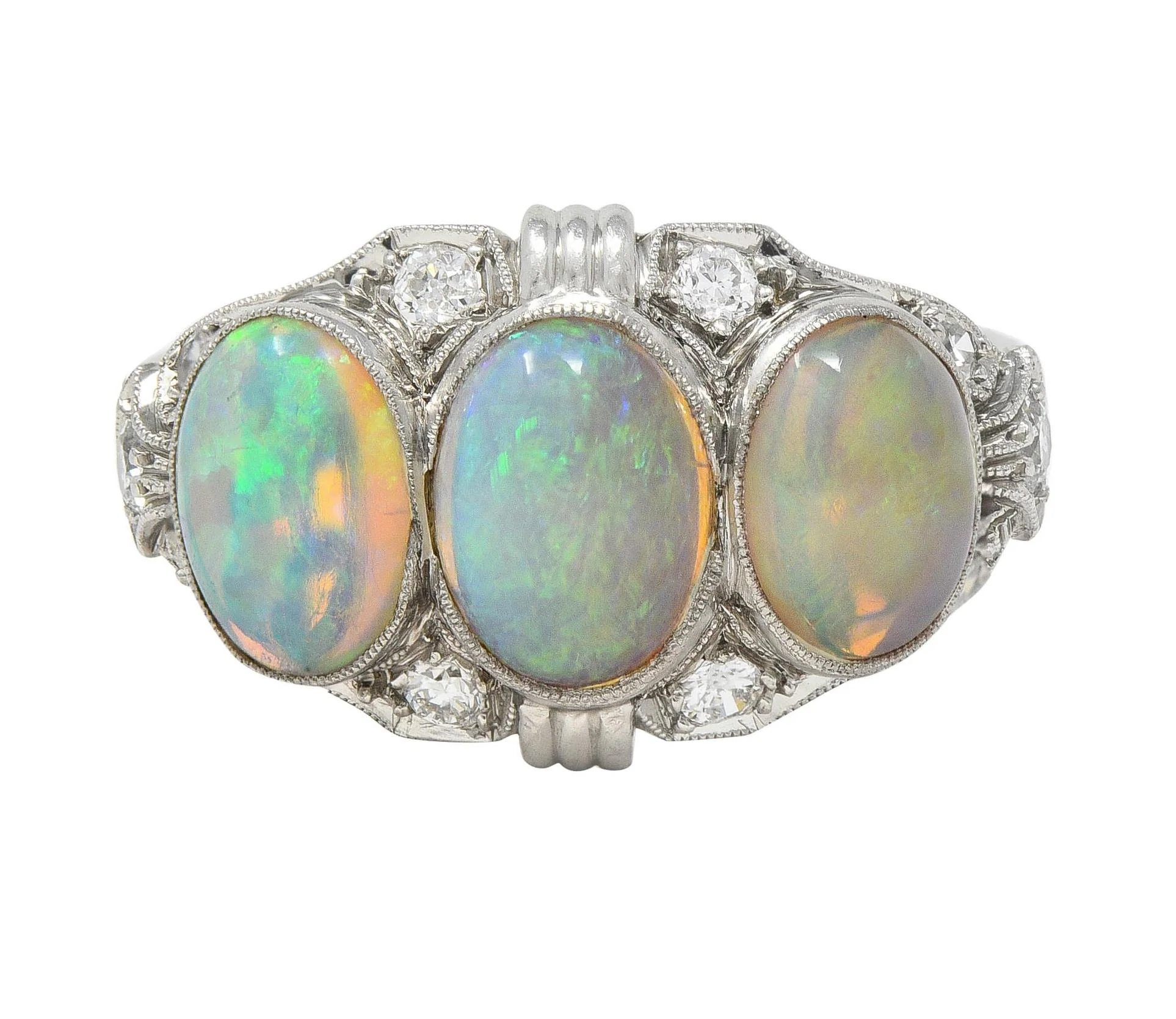 Late Art Deco Opal Cabochon Diamond Platinum Vintage Dinner Band Ring - Image 12