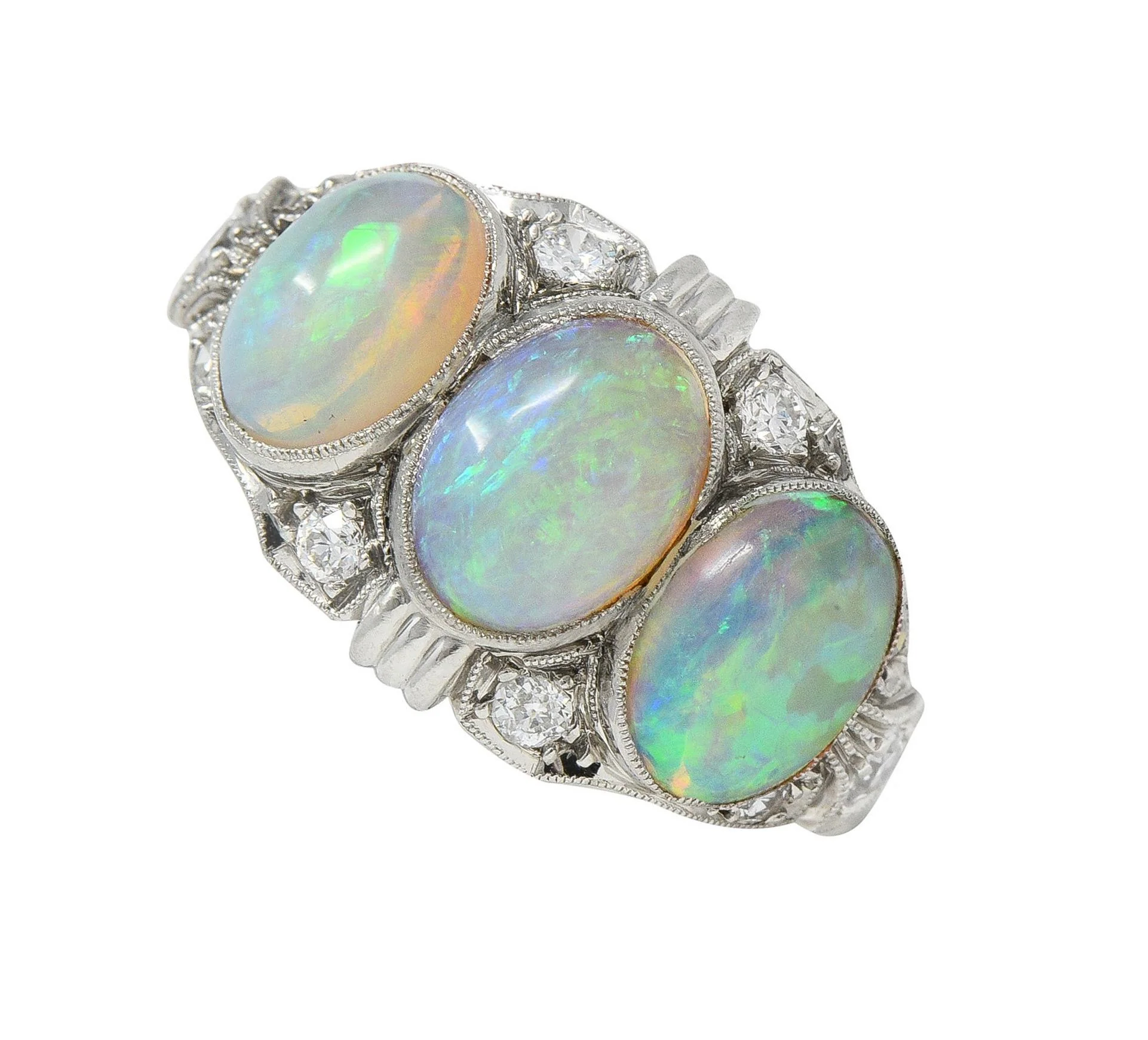Late Art Deco Opal Cabochon Diamond Platinum Vintage Dinner Band Ring - Image 13