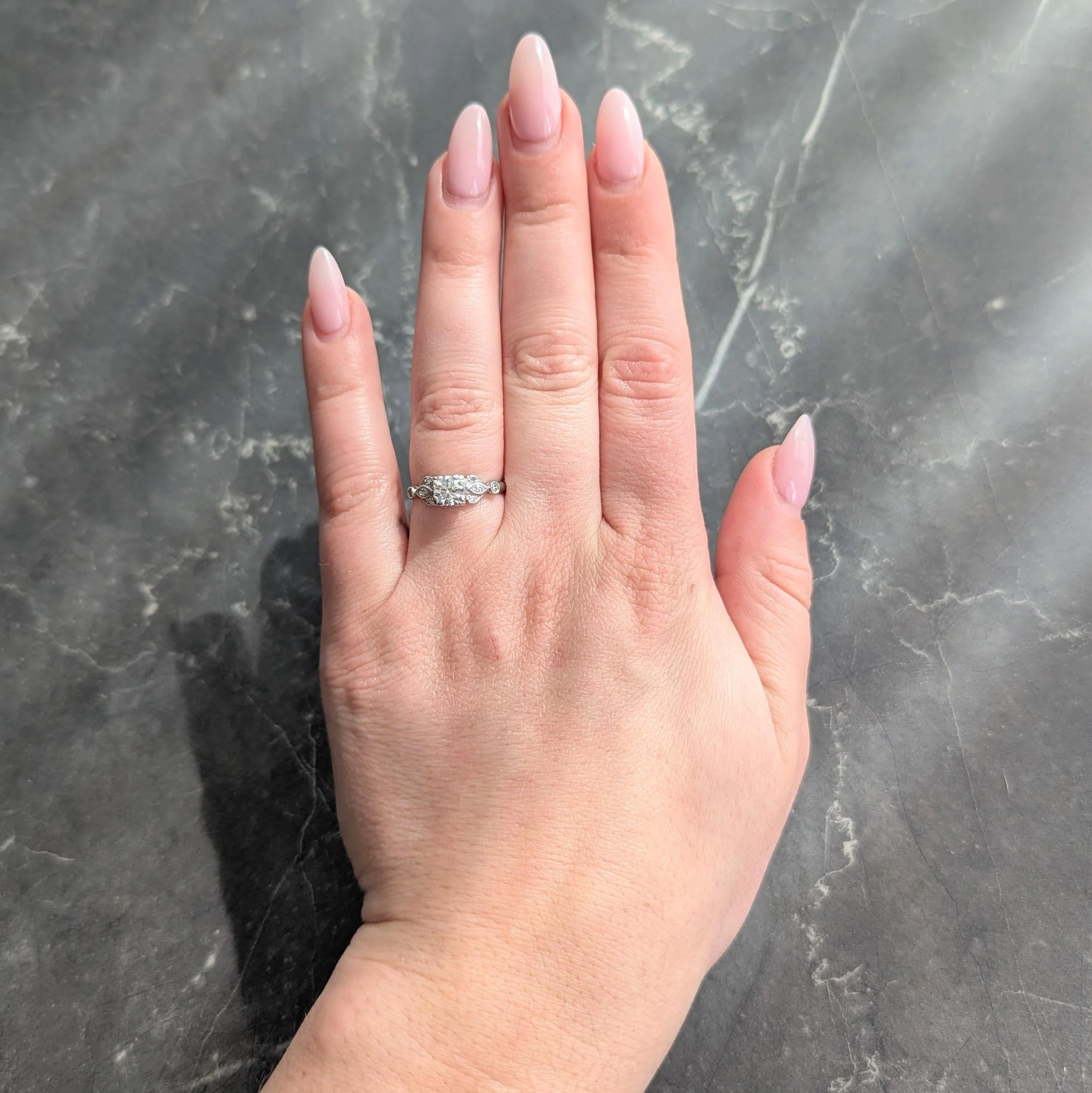 Late Art Deco Transitional Cut Diamond Platinum Vintage Lotus Engagement Ring - Image 2