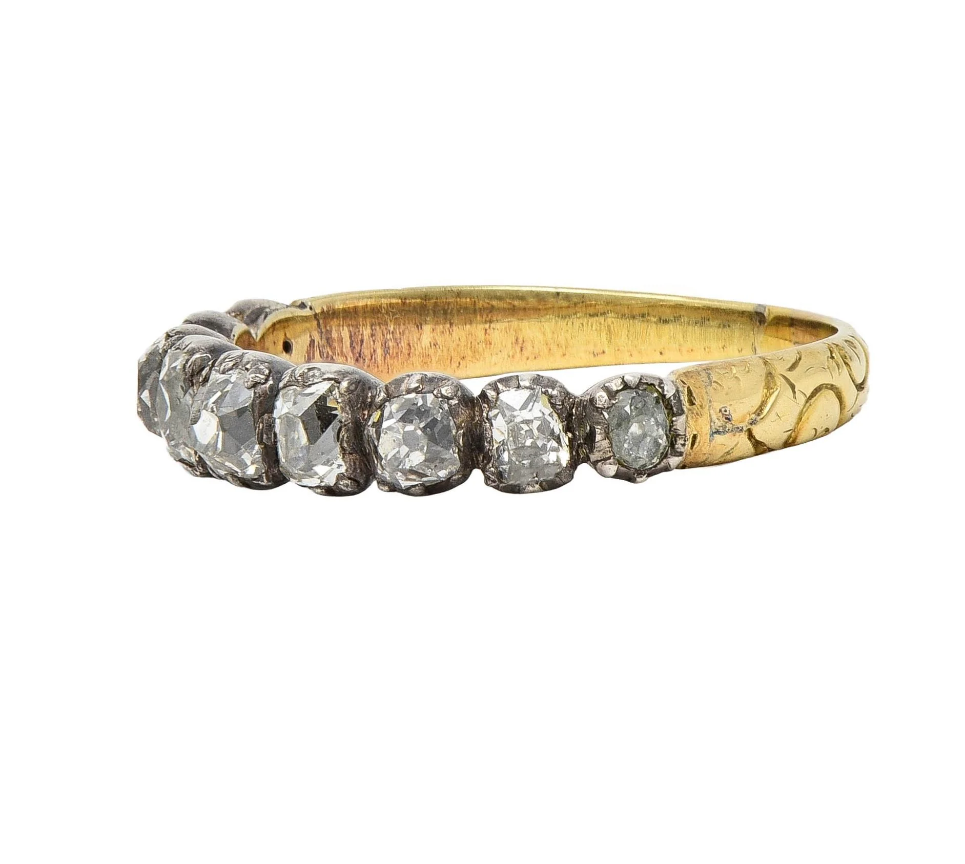 Late Georgian 0.65 CTW Old Mine Cut Diamond Silver-Topped 14 Karat Gold Antique Band Ring - Image 7