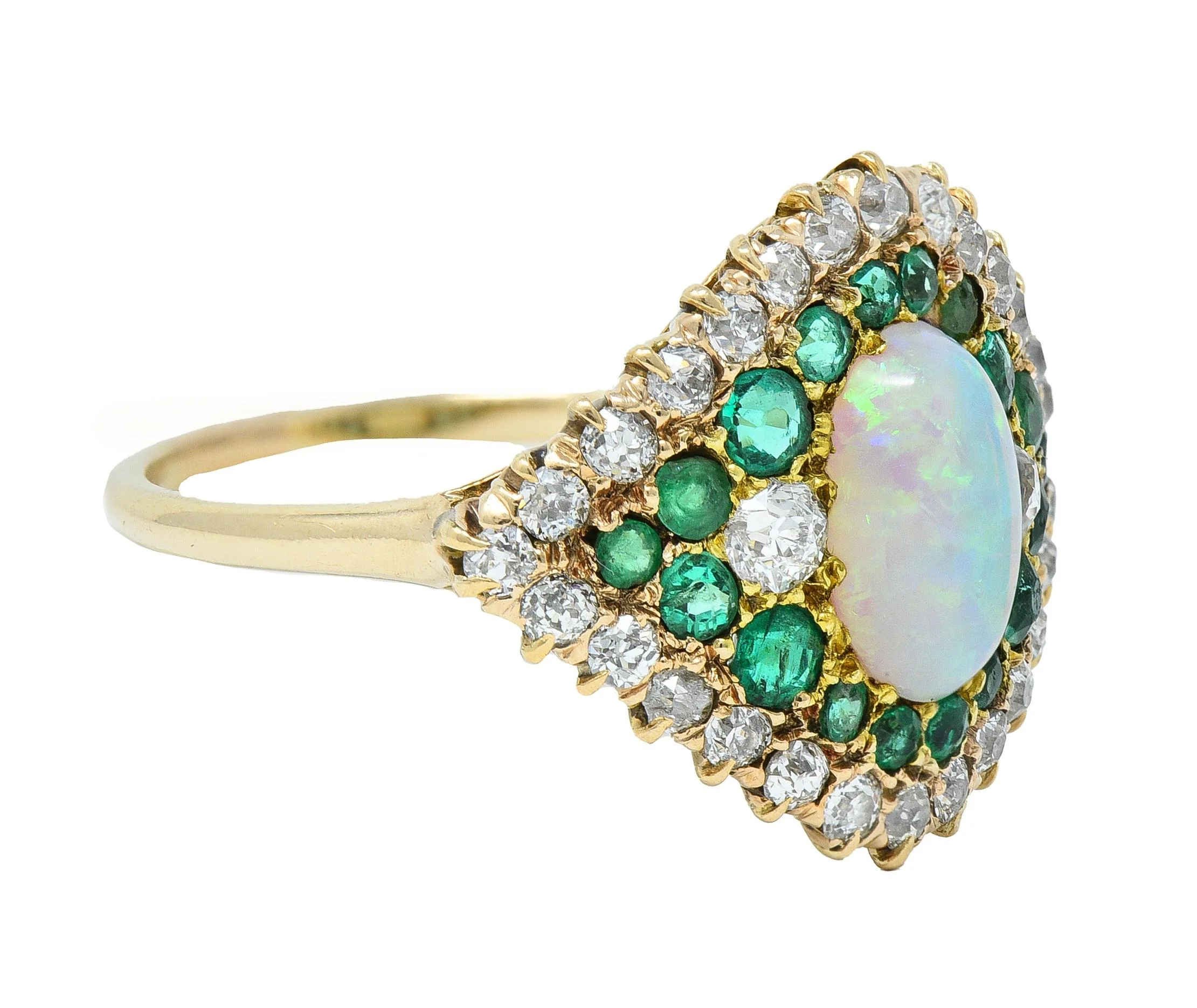 Late Victorian 1.16 CTW Opal Diamond Emerald 14 Karat Gold Vintage Dinner Ring - Image 2