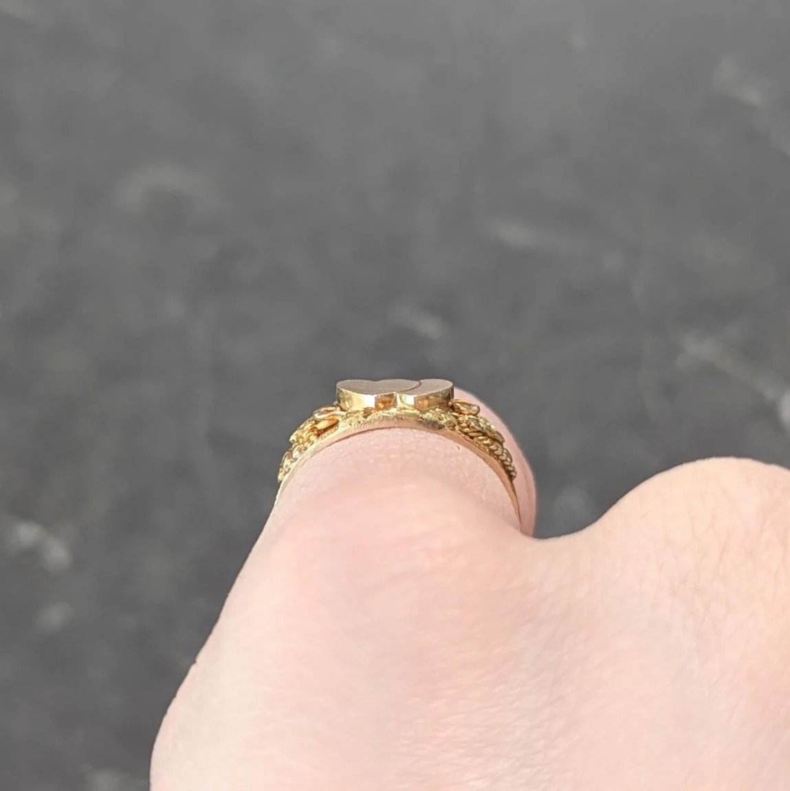 Late Victorian 14 Karat Two-Tone Gold Nugget Grapevine Sweetheart Antique Signet Ring - Image 9