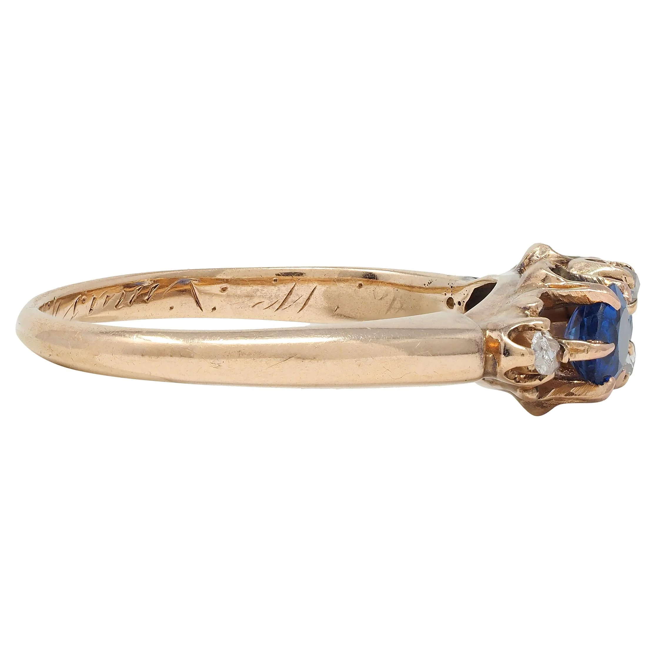 Late Victorian 1900 Sapphire Diamond 14 Karat Gold Antique Belcher Band Ring - Image 3
