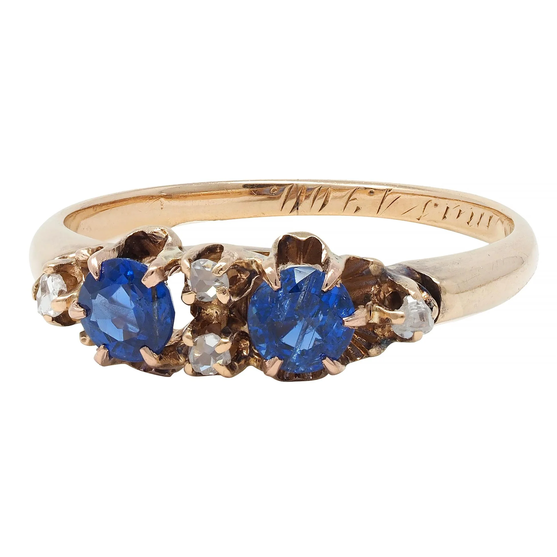 Late Victorian 1900 Sapphire Diamond 14 Karat Gold Antique Belcher Band Ring - Image 6