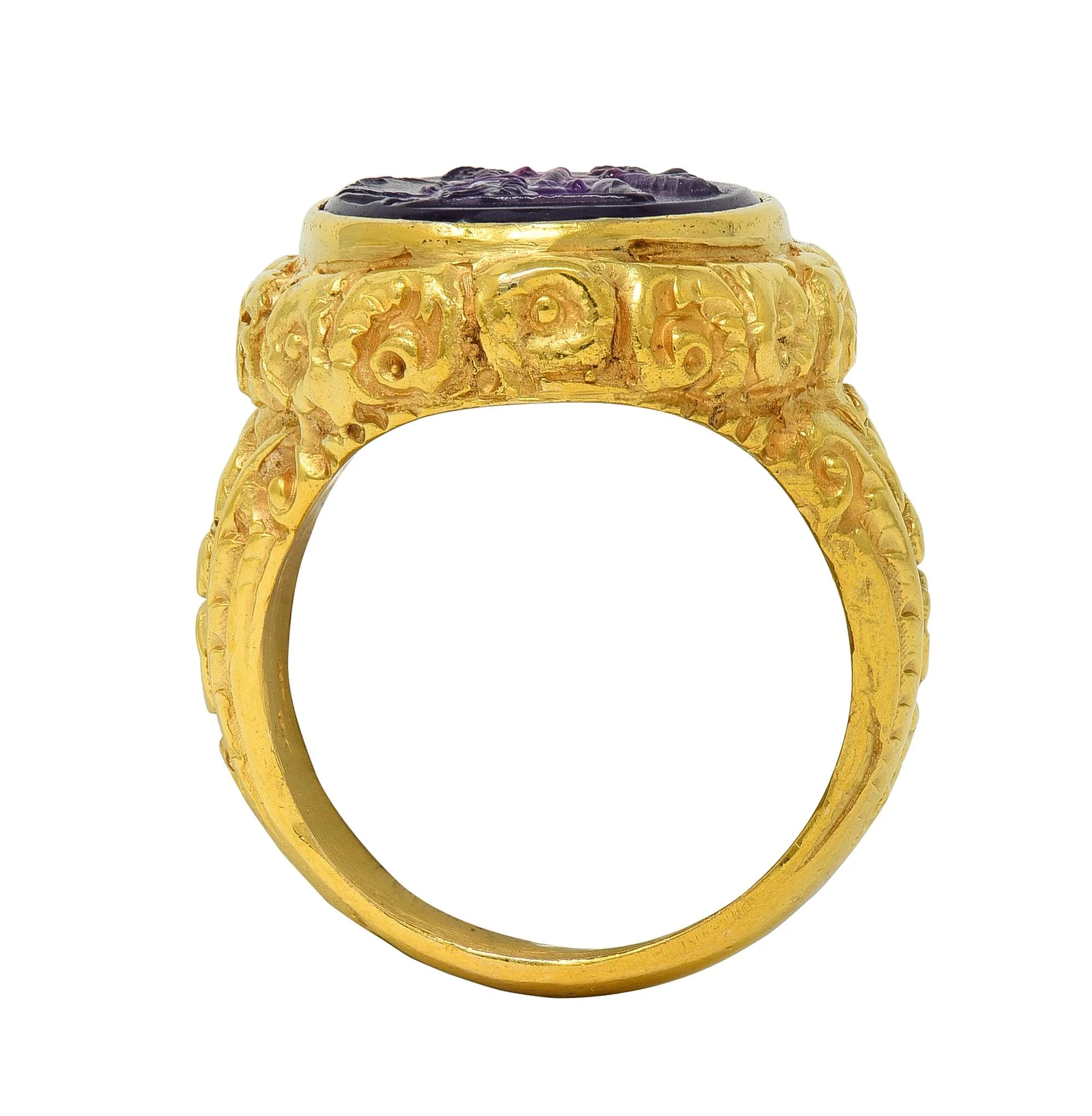 Late Victorian Amethyst Diamond 14 Karat Yellow Gold Antique Greek Unisex Intaglio Signet ring - Image 10