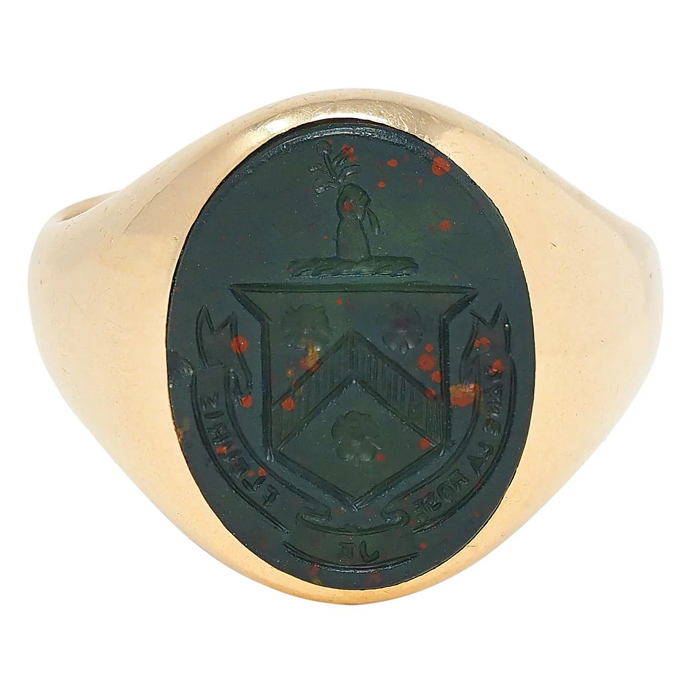 Late Victorian Bloodstone 14 Karat Yellow Gold Antique Heraldic Crest Unisex Signet Ring