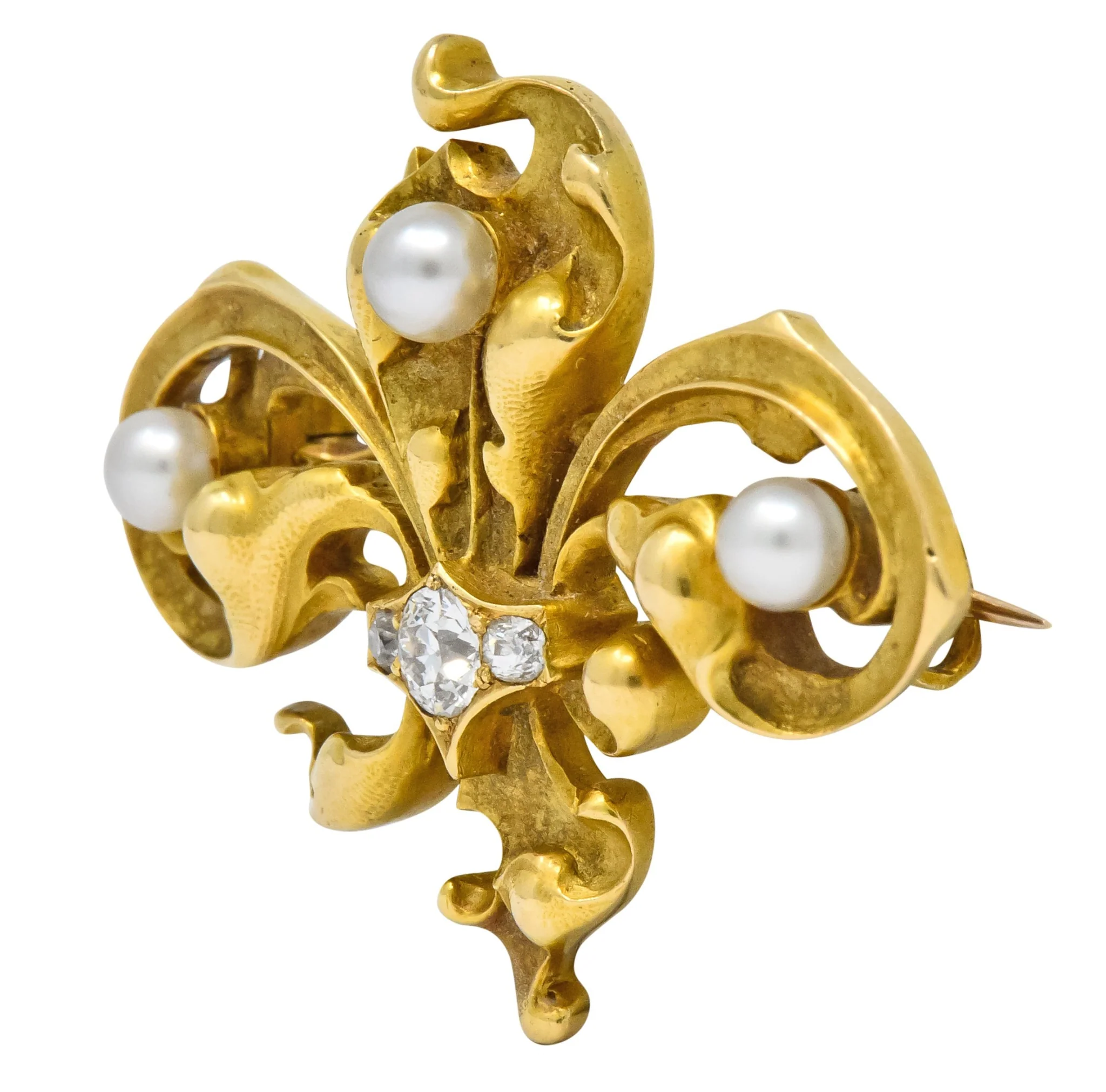 Late Victorian French Fleur-de-lis Diamond Pearl 18 Karat Gold Brooch - Image 2