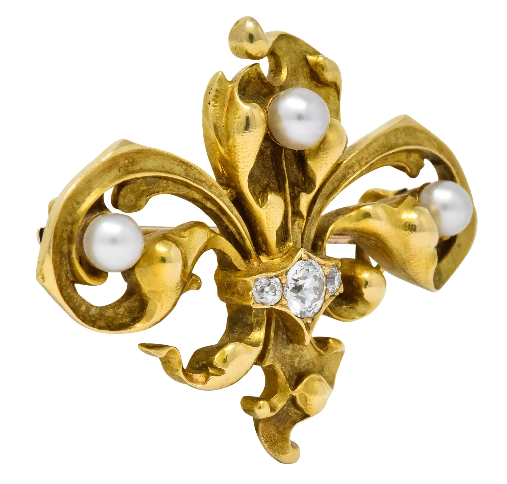 Late Victorian French Fleur-de-lis Diamond Pearl 18 Karat Gold Brooch - Image 3