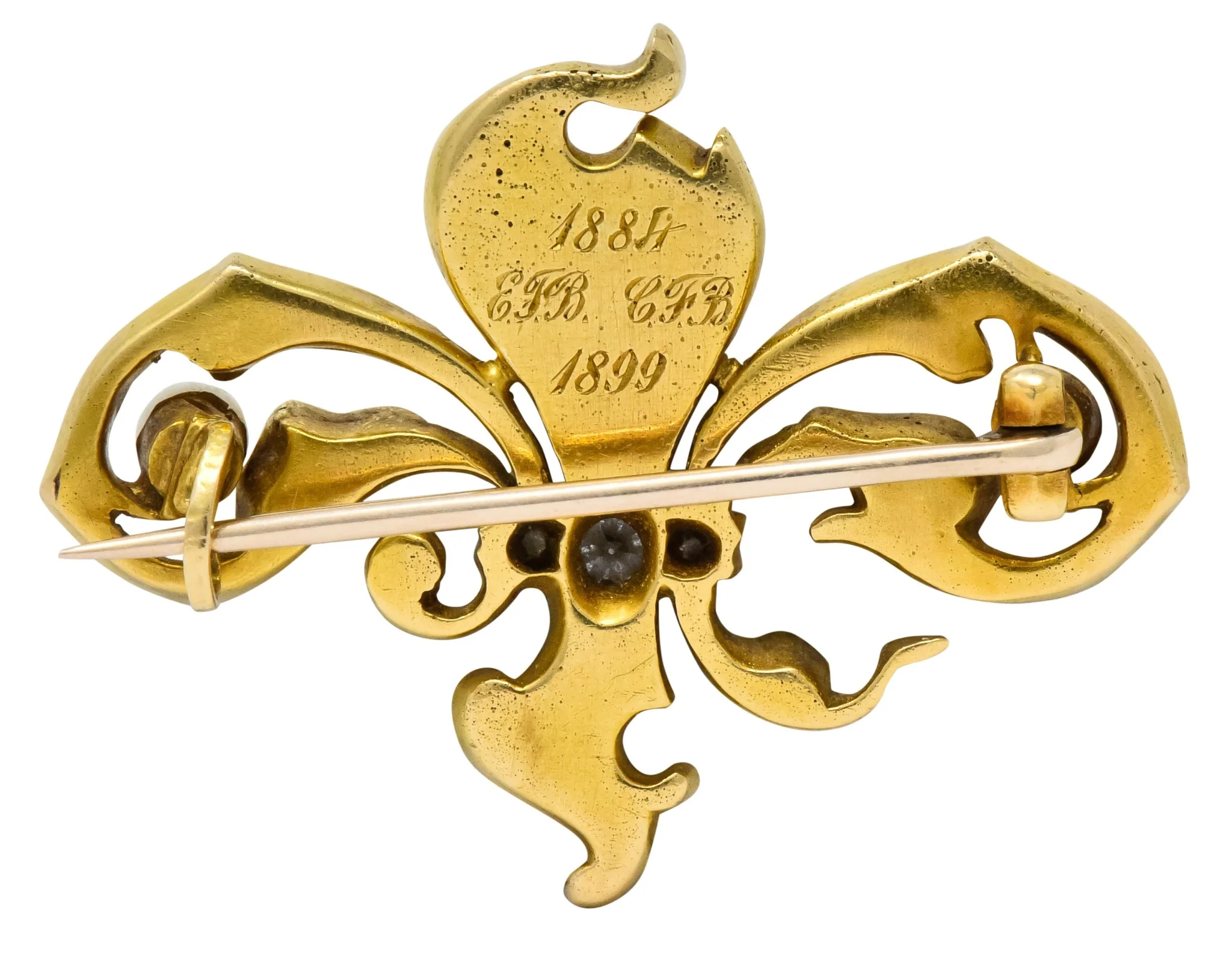 Late Victorian French Fleur-de-lis Diamond Pearl 18 Karat Gold Brooch - Image 4