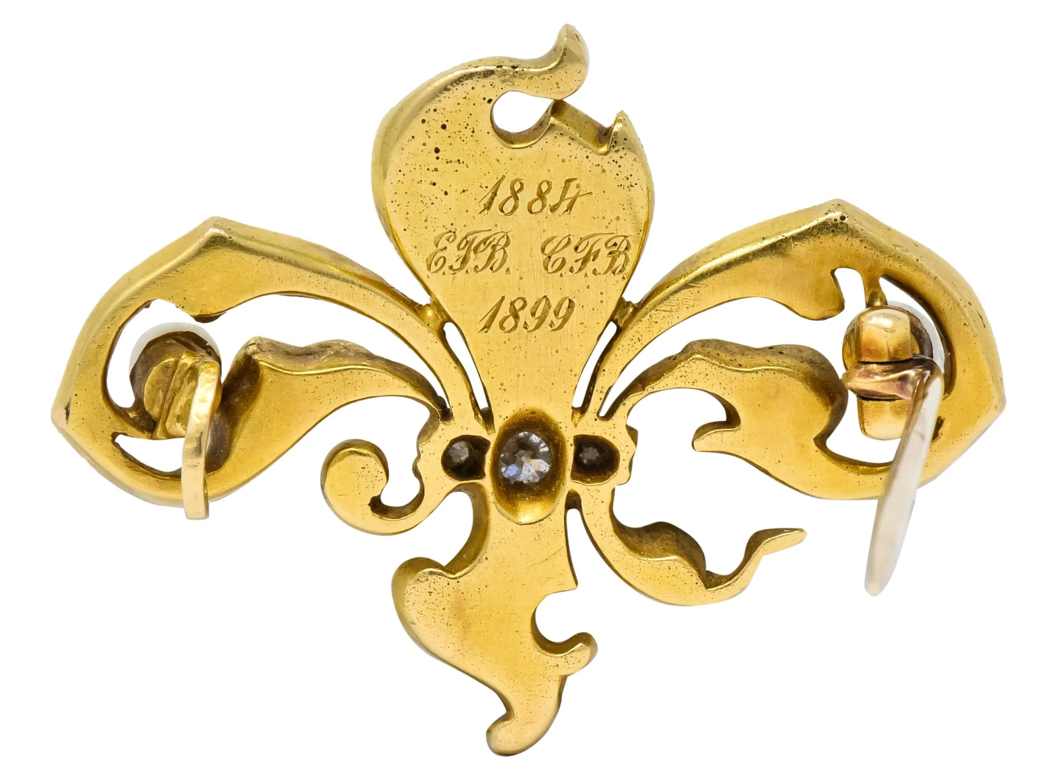 Late Victorian French Fleur-de-lis Diamond Pearl 18 Karat Gold Brooch - Image 5