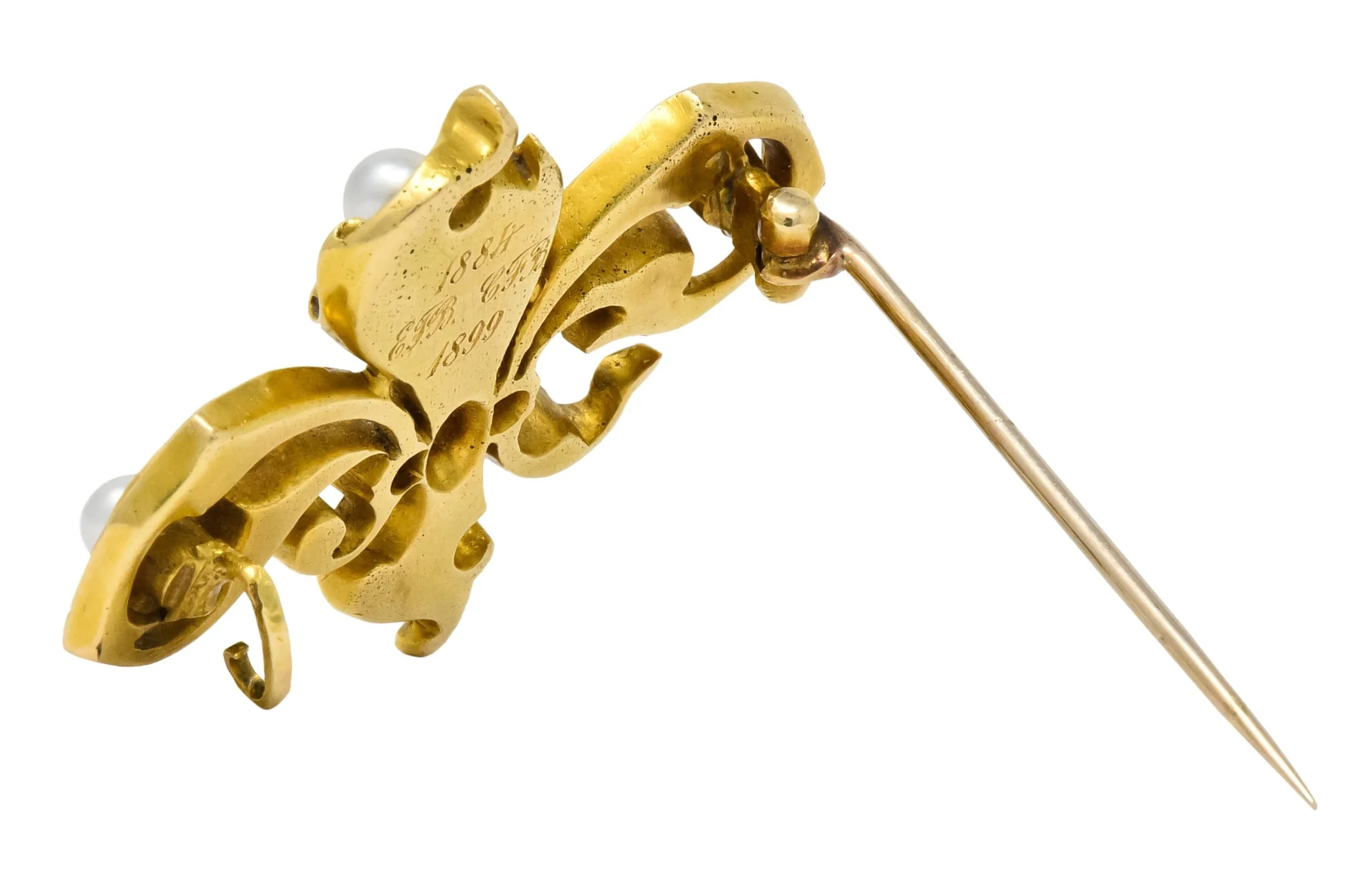 Late Victorian French Fleur-de-lis Diamond Pearl 18 Karat Gold Brooch - Image 7