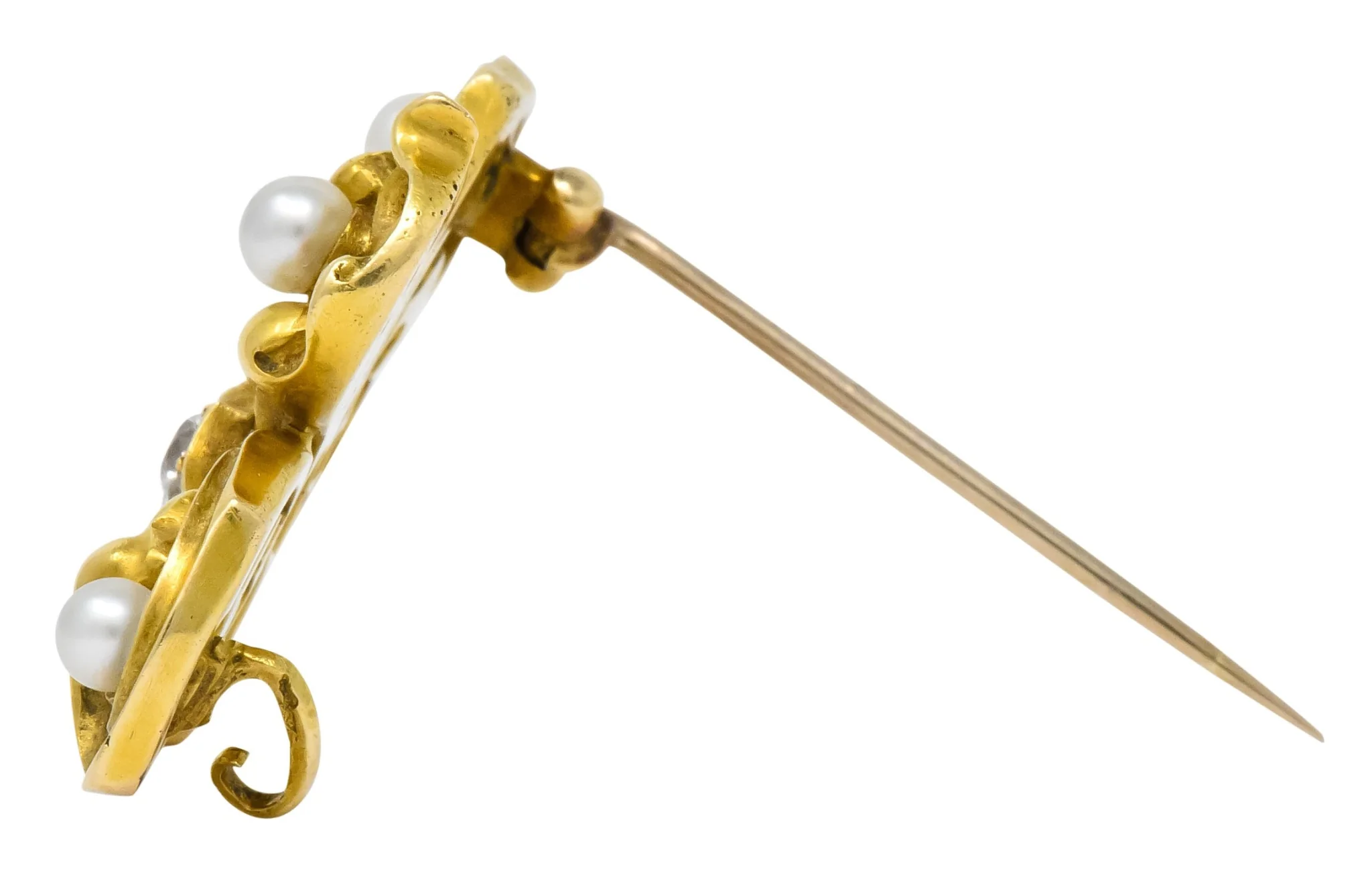 Late Victorian French Fleur-de-lis Diamond Pearl 18 Karat Gold Brooch - Image 8