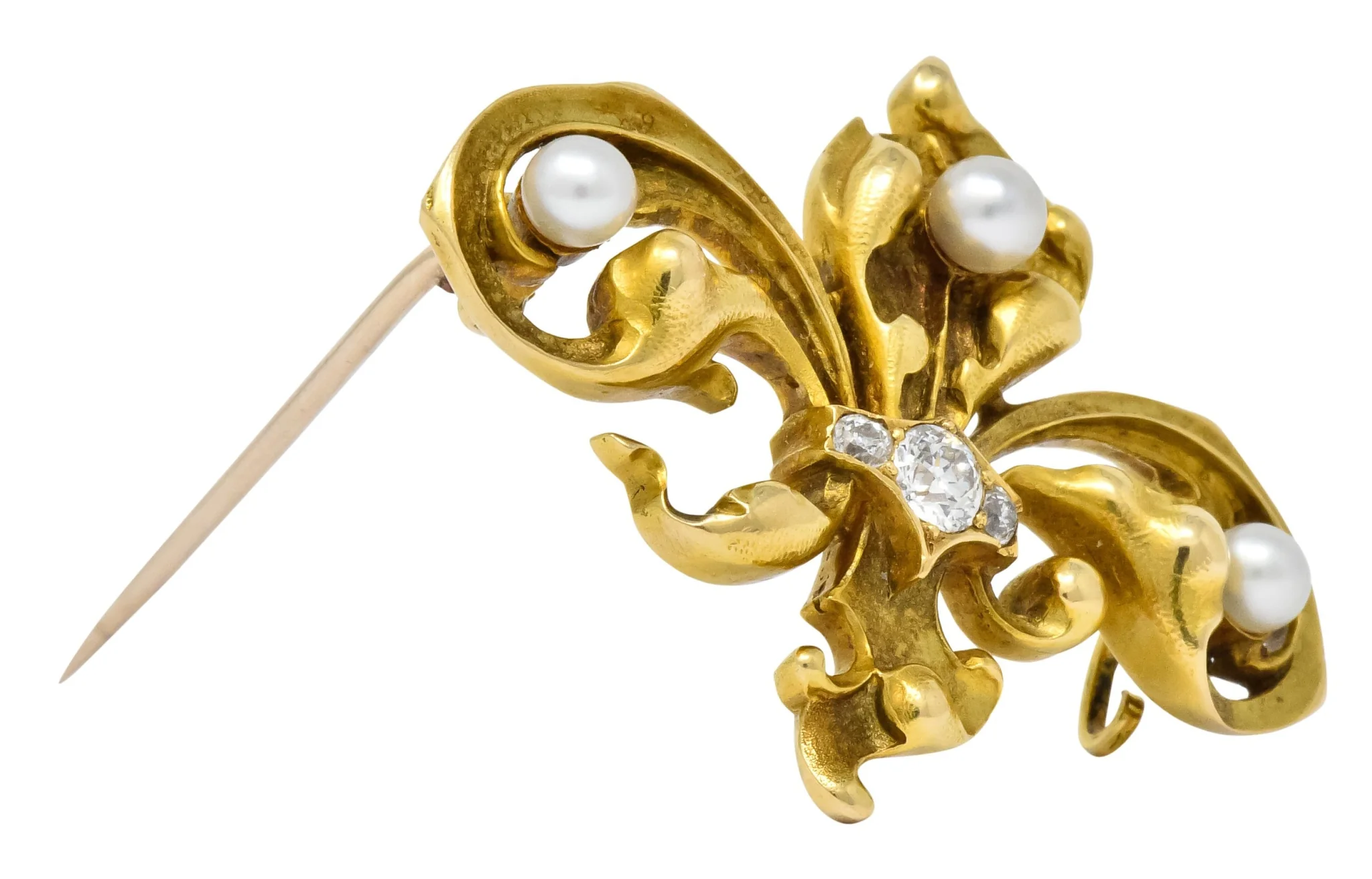 Late Victorian French Fleur-de-lis Diamond Pearl 18 Karat Gold Brooch - Image 9