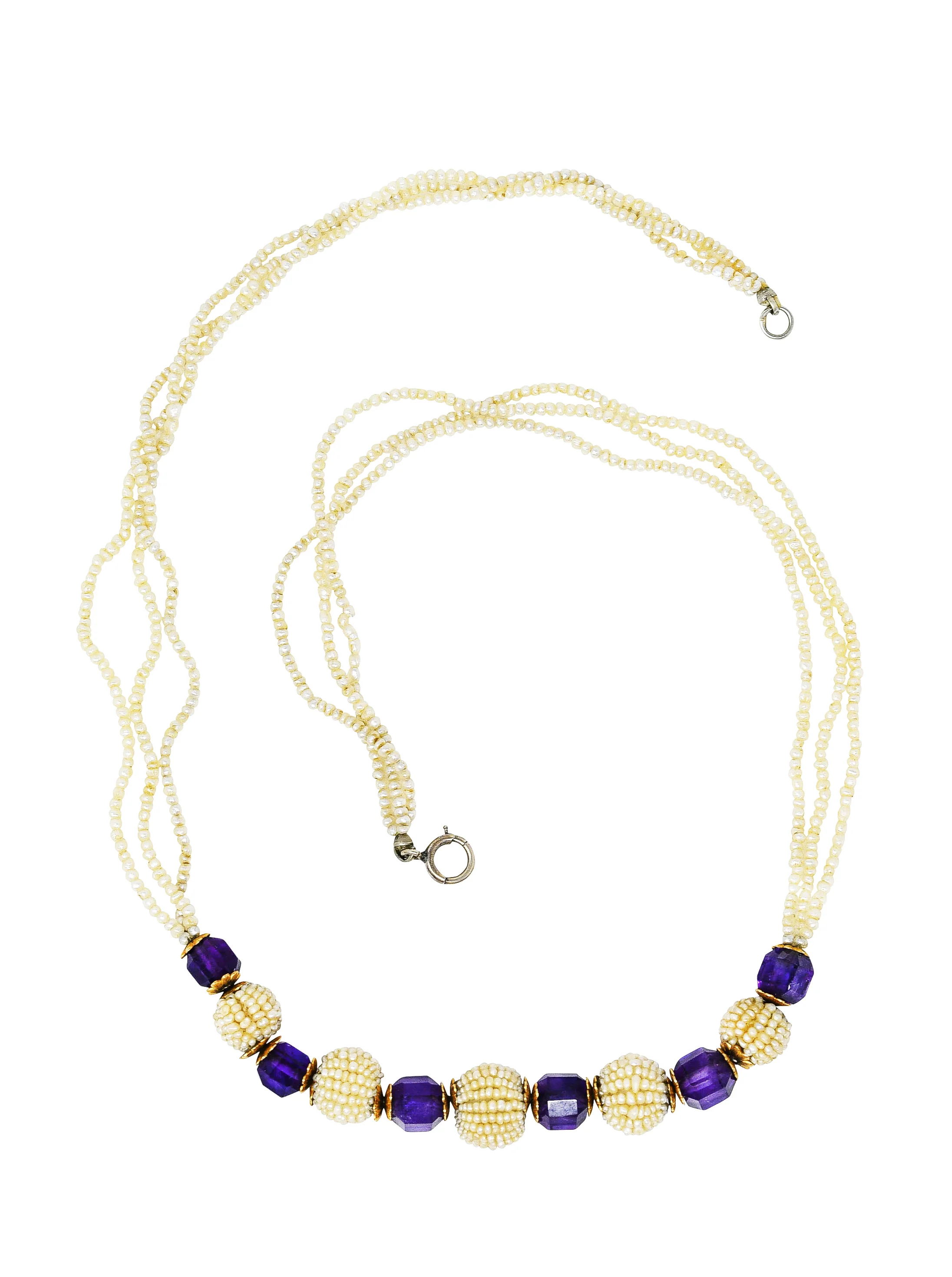Late Victorian Freshwater Seed Pearl Amethyst 14 Karat Gold Station Necklace - Image 2