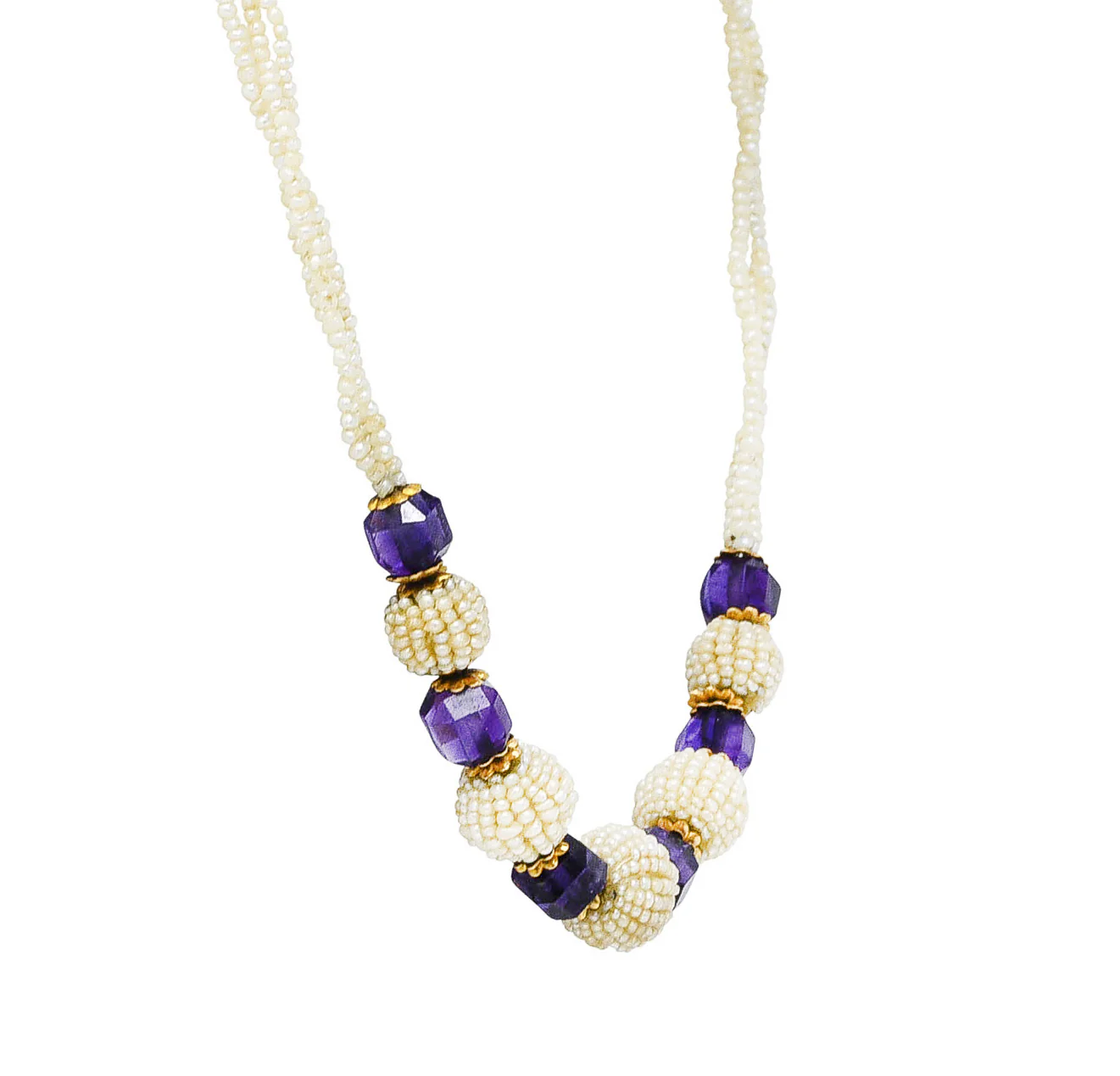 Late Victorian Freshwater Seed Pearl Amethyst 14 Karat Gold Station Necklace - Image 3
