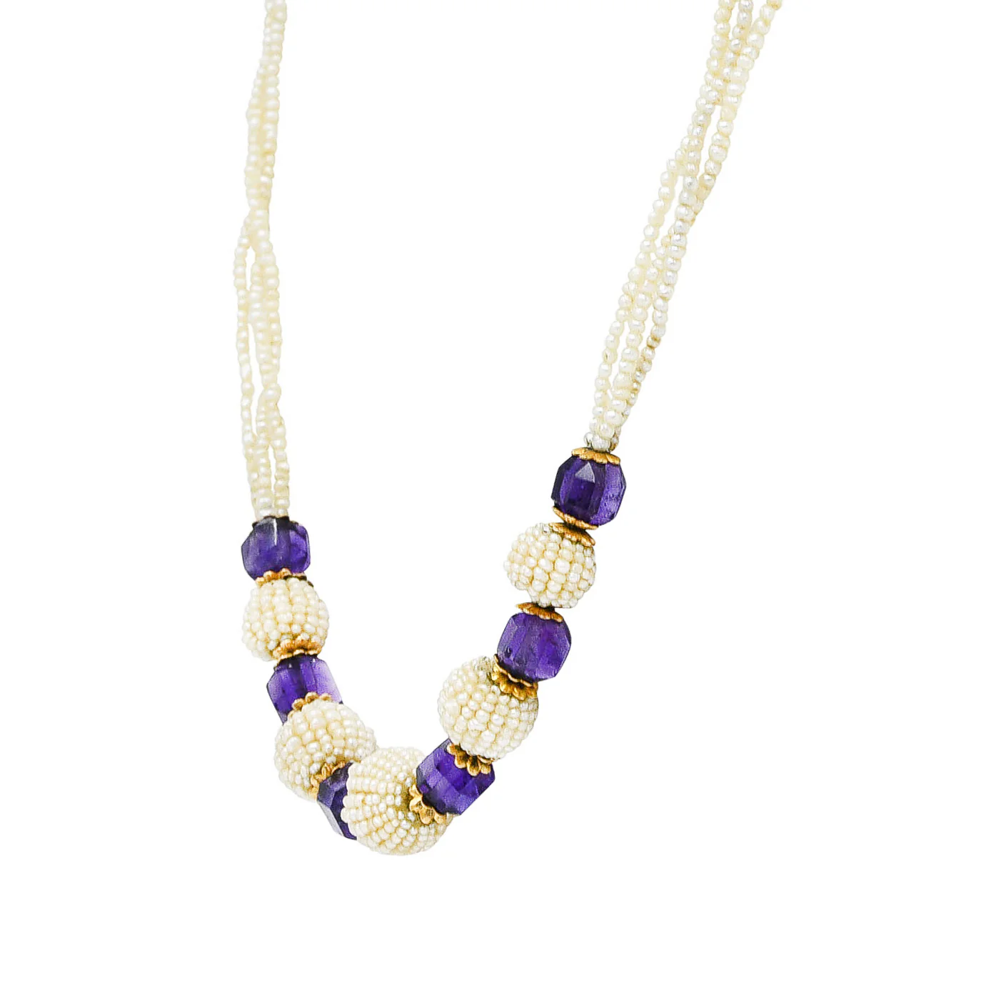 Late Victorian Freshwater Seed Pearl Amethyst 14 Karat Gold Station Necklace - Image 4