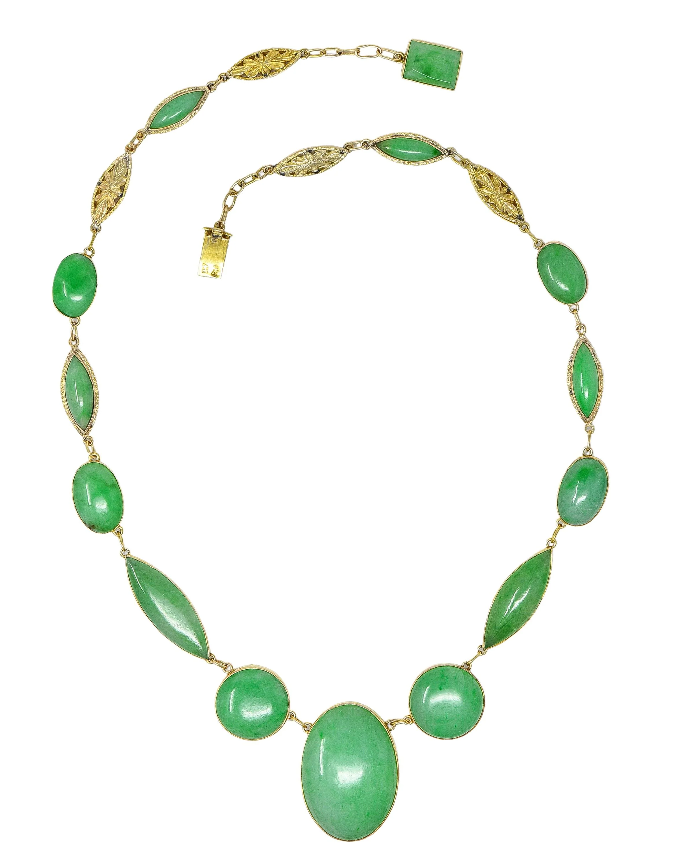Late Victorian Jade 14 Karat Yellow Gold Antique Floral Fancy Link Drop Necklace - Image 3