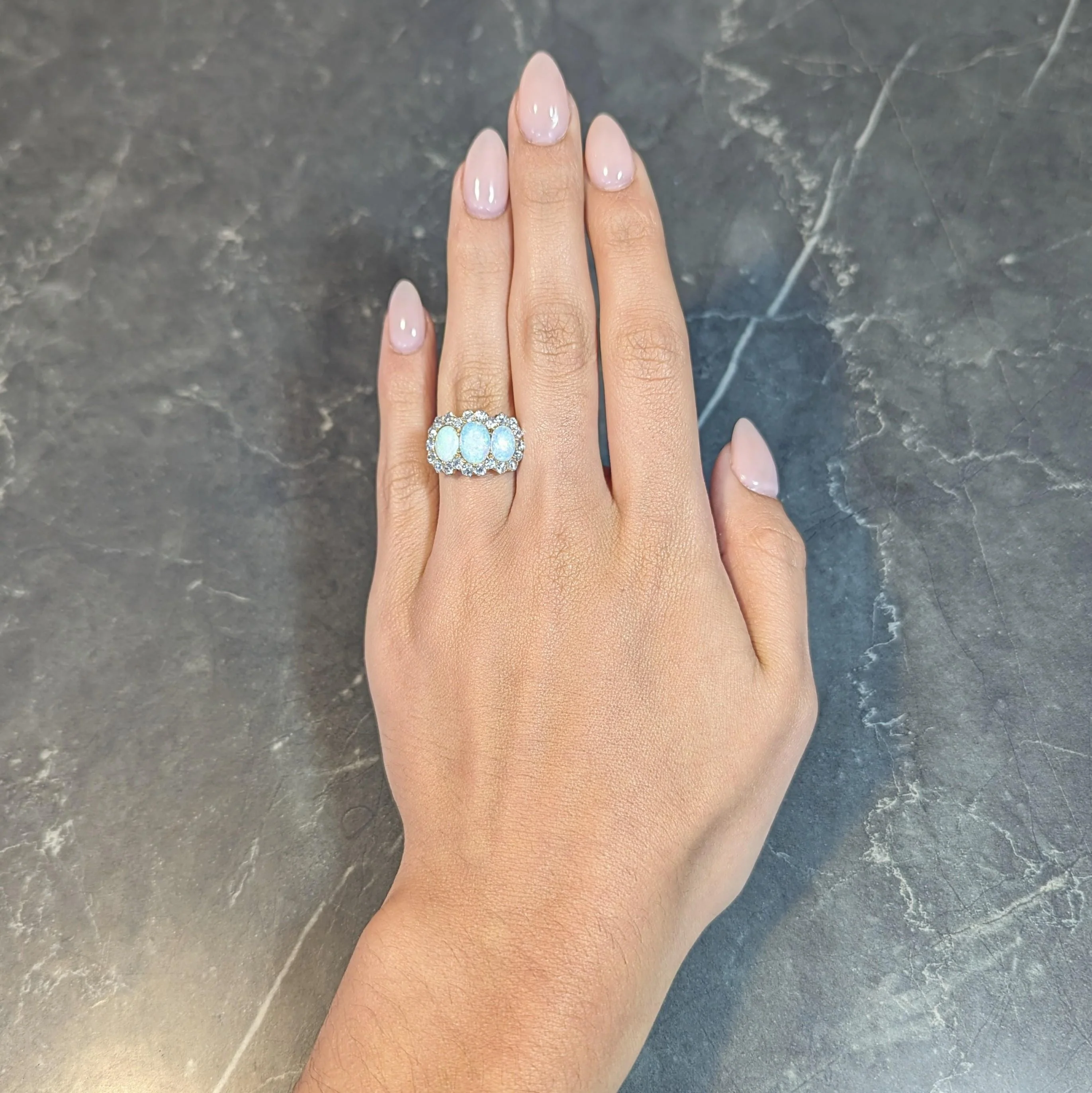 Late Victorian Opal 1.76 CTW Diamond 18 Karat Yellow Gold Antique Halo Ring - Image 14