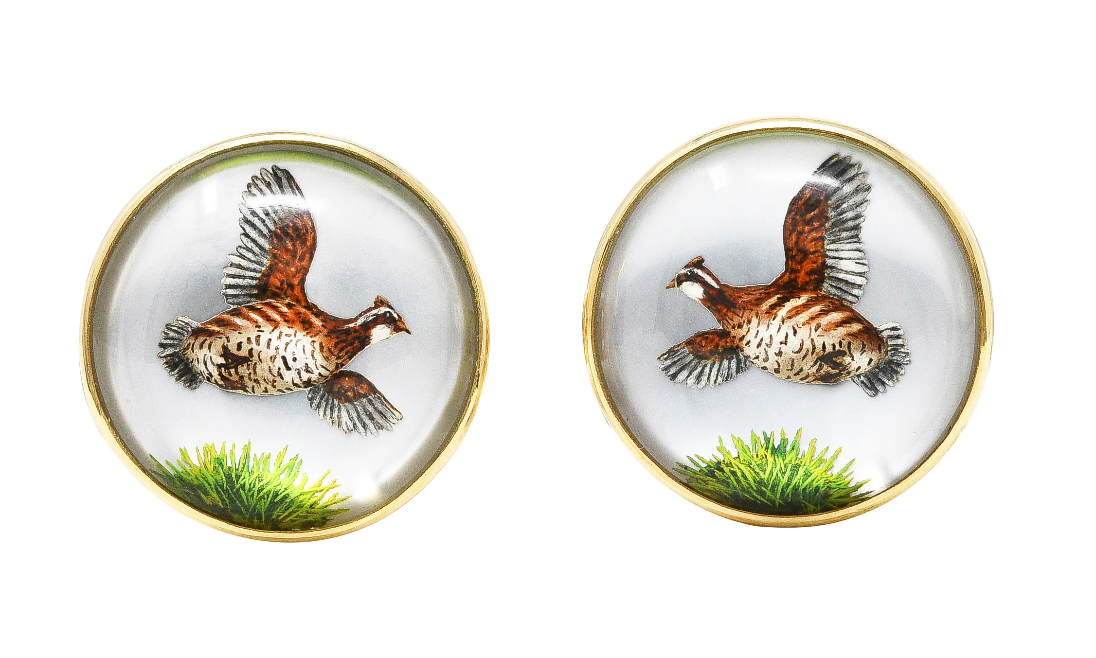 Late Victorian Painted Essex Crystal Mother-Of-Pearl 14 Karat Yellow Gold Quail Antique Cufflinks
