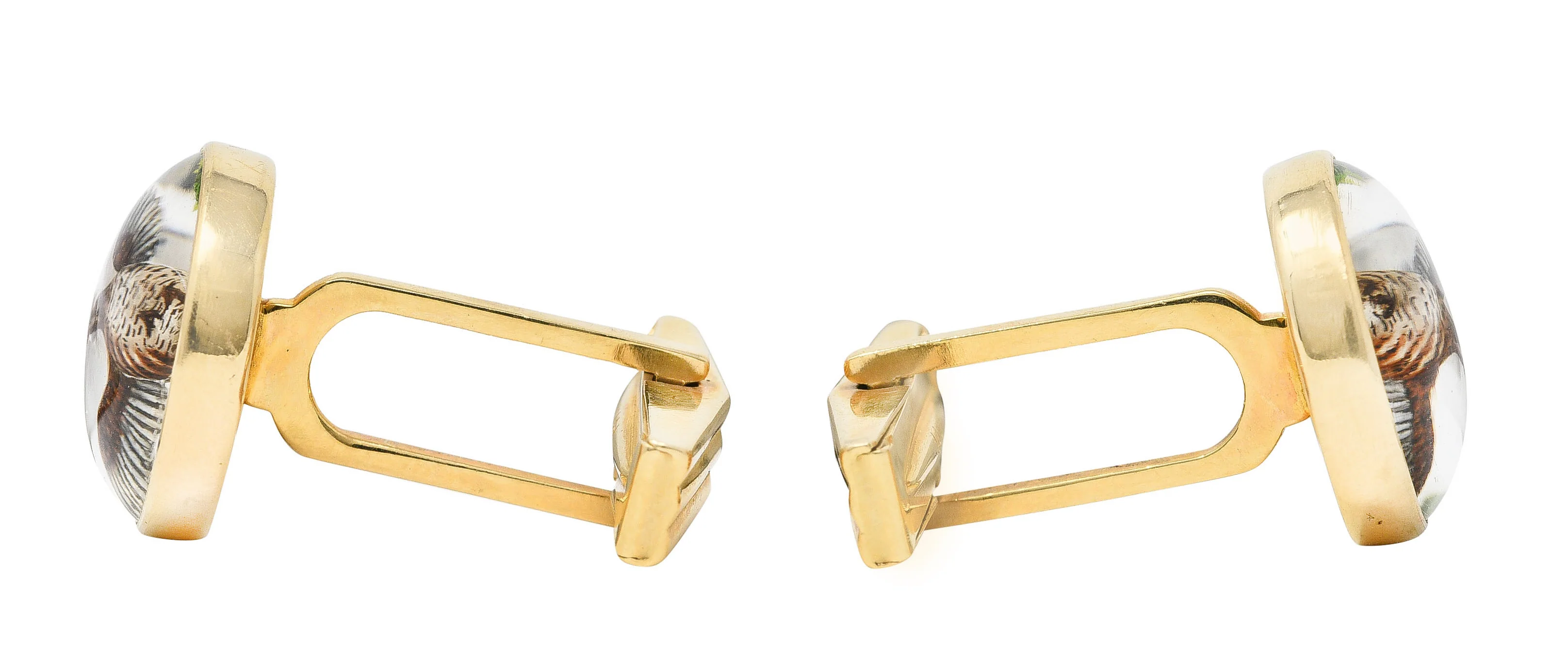 Late Victorian Painted Essex Crystal Mother-Of-Pearl 14 Karat Yellow Gold Quail Antique Cufflinks - Image 2