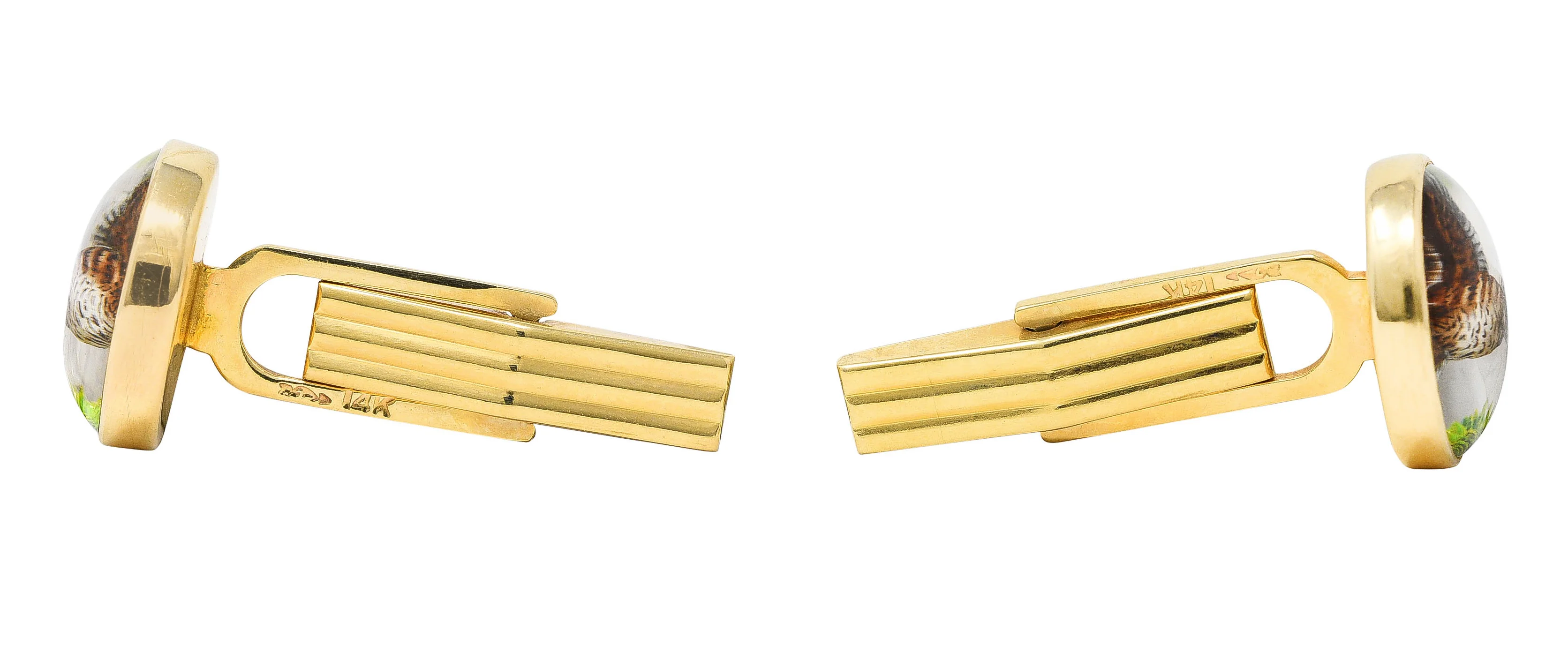 Late Victorian Painted Essex Crystal Mother-Of-Pearl 14 Karat Yellow Gold Quail Antique Cufflinks - Image 4