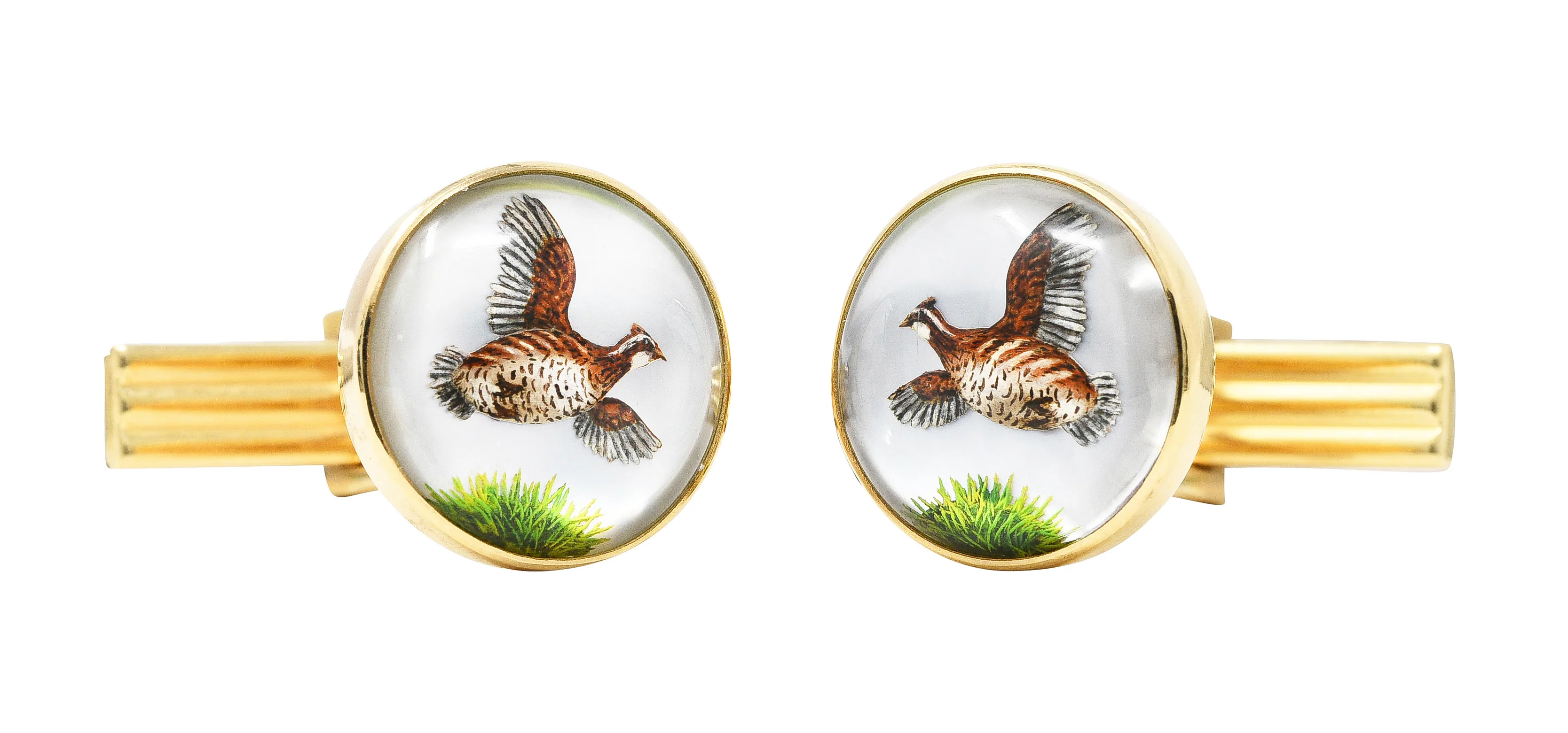 Late Victorian Painted Essex Crystal Mother-Of-Pearl 14 Karat Yellow Gold Quail Antique Cufflinks - Image 6