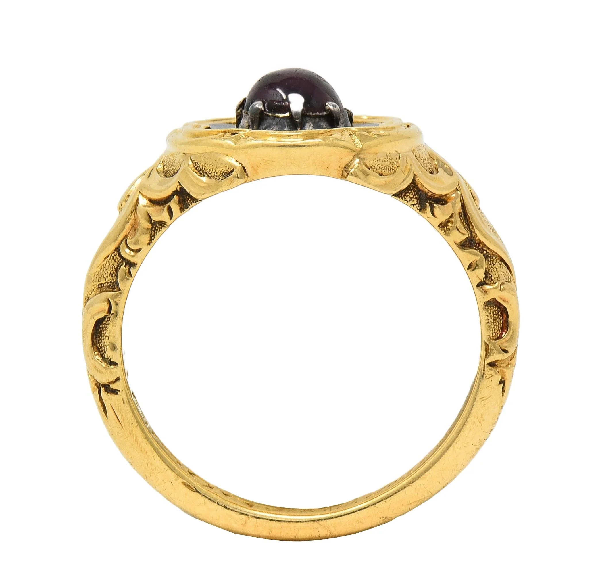 Late Victorian Ruby Enamel 14 Karat Yellow Gold Silver Antique Flower Mourning Ring - Image 13