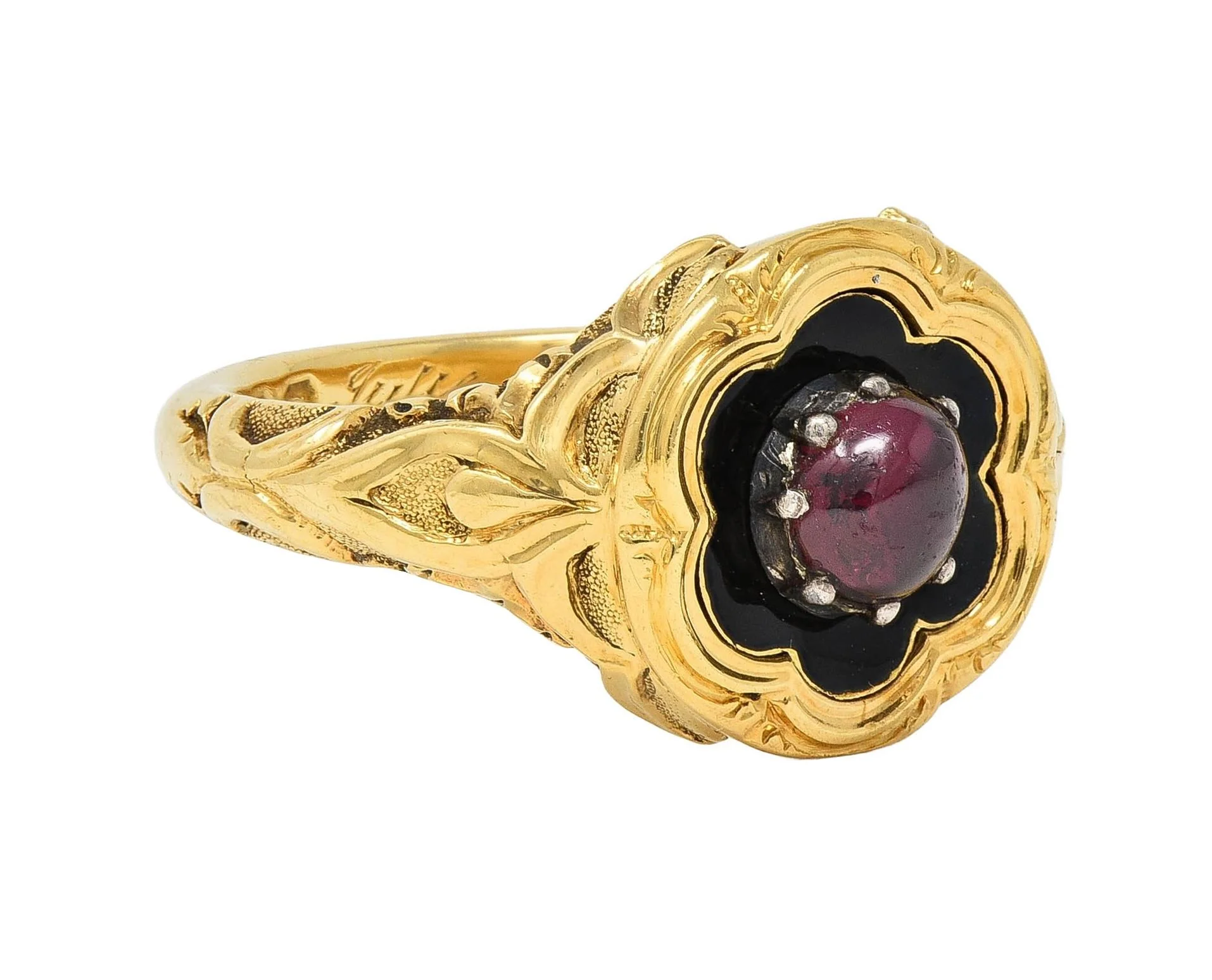 Late Victorian Ruby Enamel 14 Karat Yellow Gold Silver Antique Flower Mourning Ring - Image 2