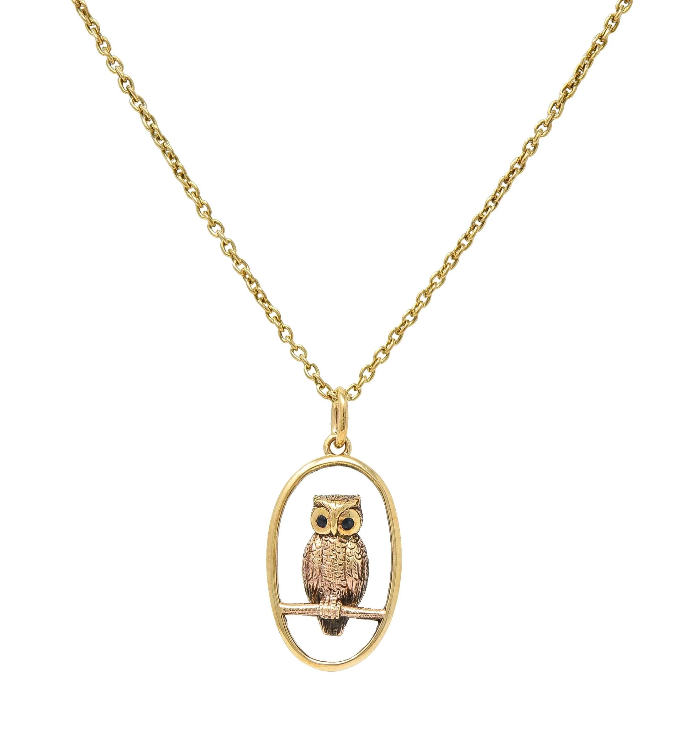 Late Victorian Sapphire 9 Karat Yellow Gold Antique Owl Pendant Necklace - Image 14