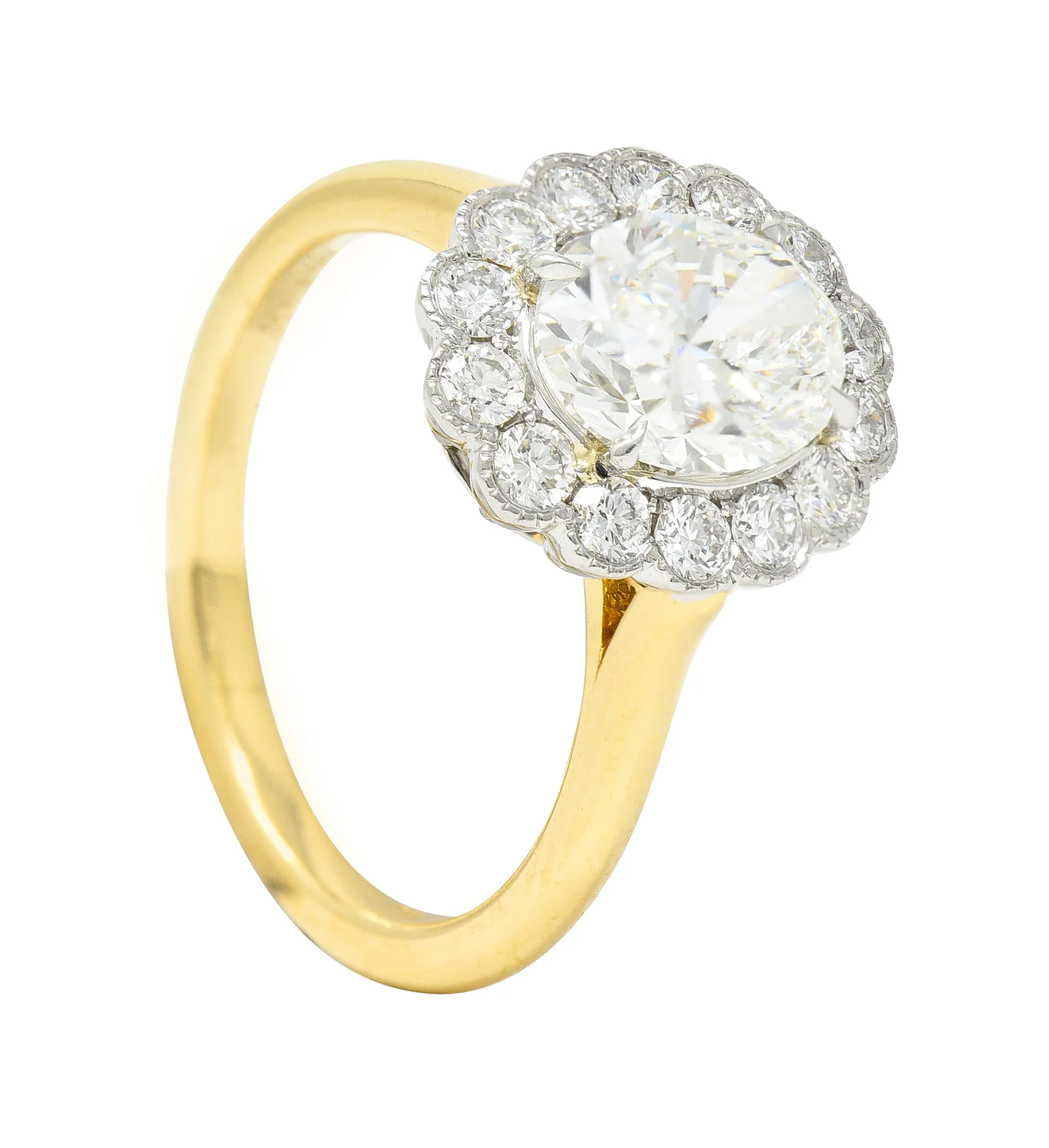Leon Mege 2.30 CTW Oval Cut Diamond Platinum 18 Karat Yellow Gold Milgrain Halo Engagement Ring - Image 11