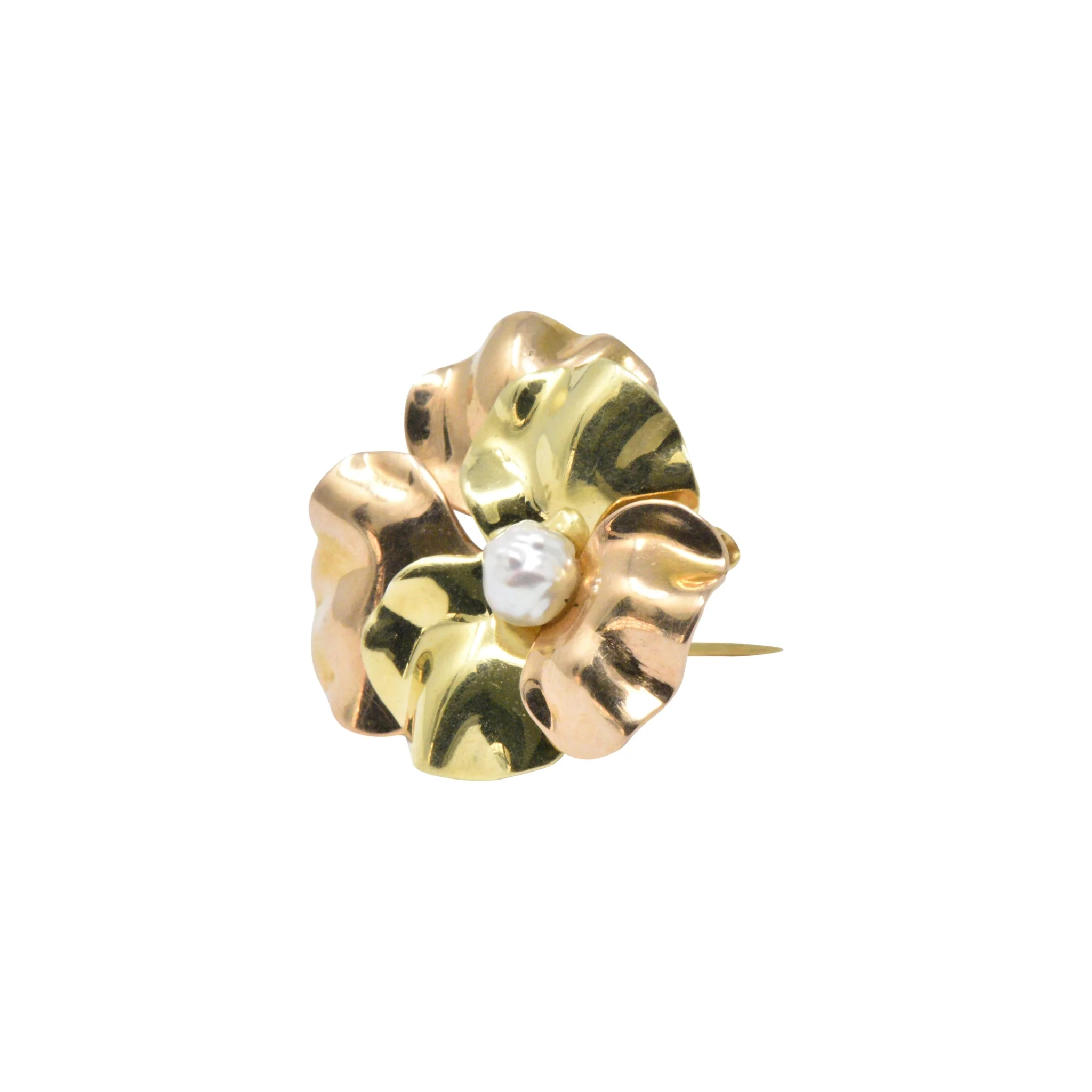 Lovely 14K Two-Tone Gold & Natural Freshwater Pearl Flower Brooch - Image 4