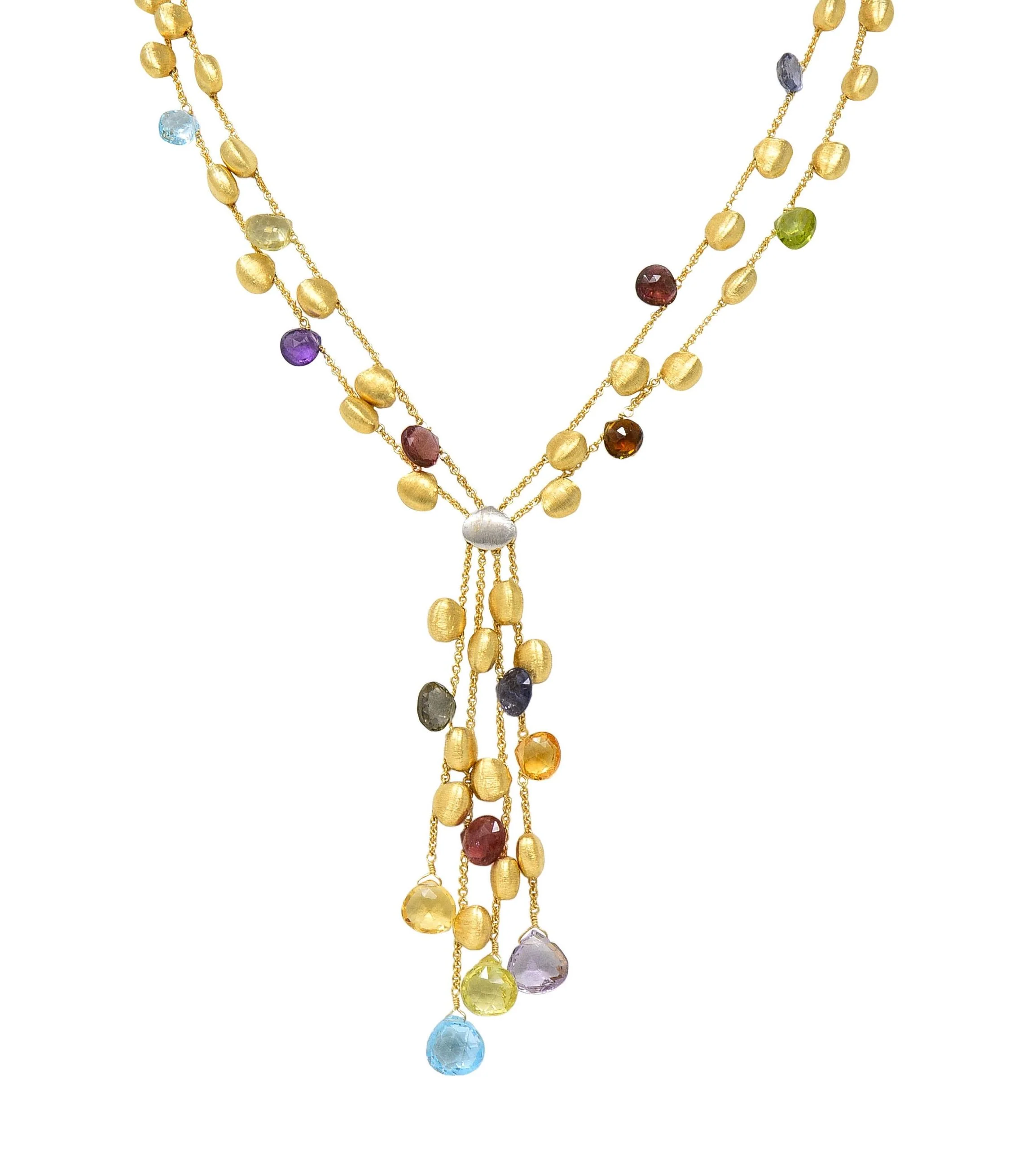 Marco Bicego Contemporary Multi-Gem Diamond 18 Karat Two-Tone Gold Paradise Lariat Tassel Necklace - Image 5