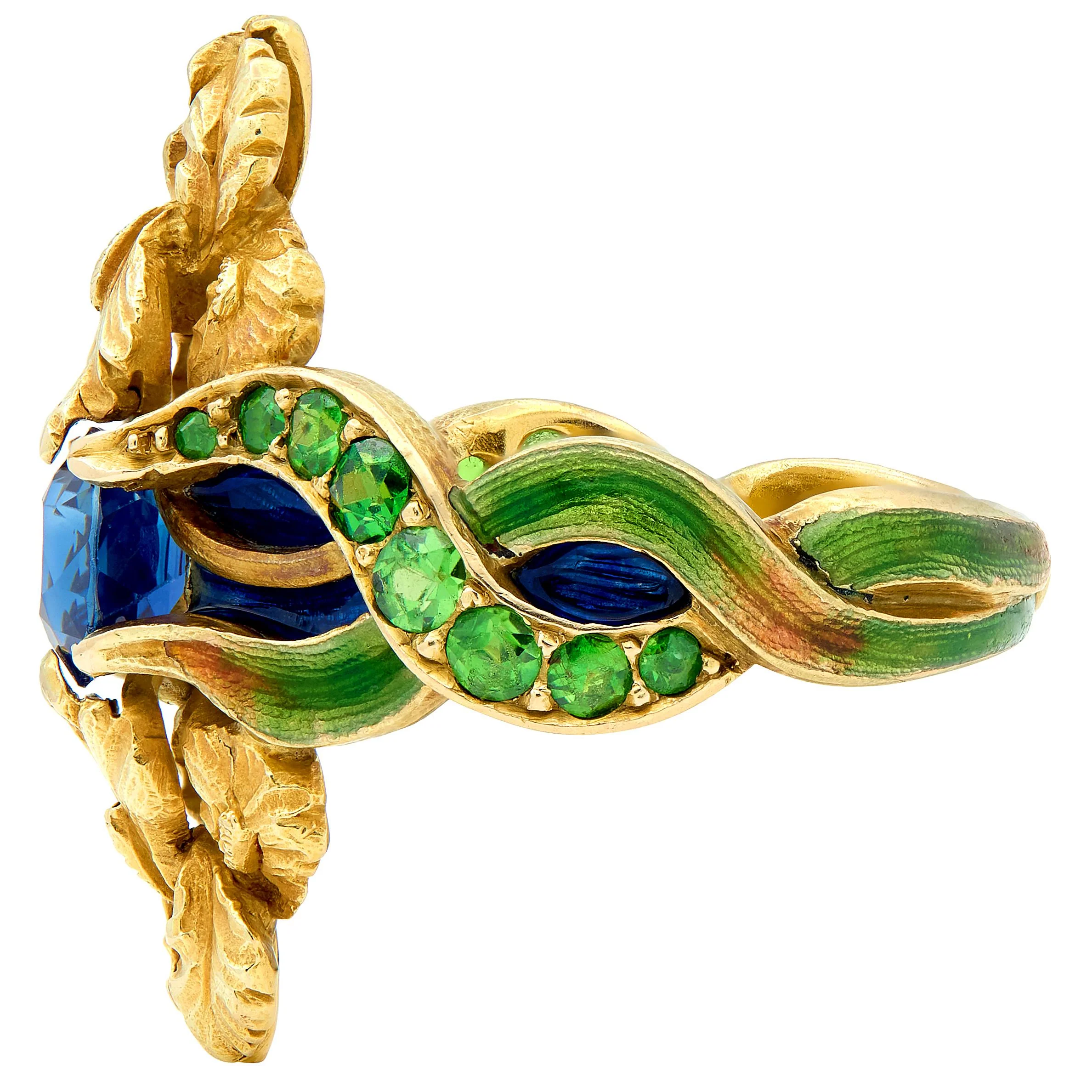 Marcus & Co. Art Nouveau Sapphire Enamel Demantoid Garnets 14 Karat Yellow Gold Antique Iris Flower Ring - Image 5