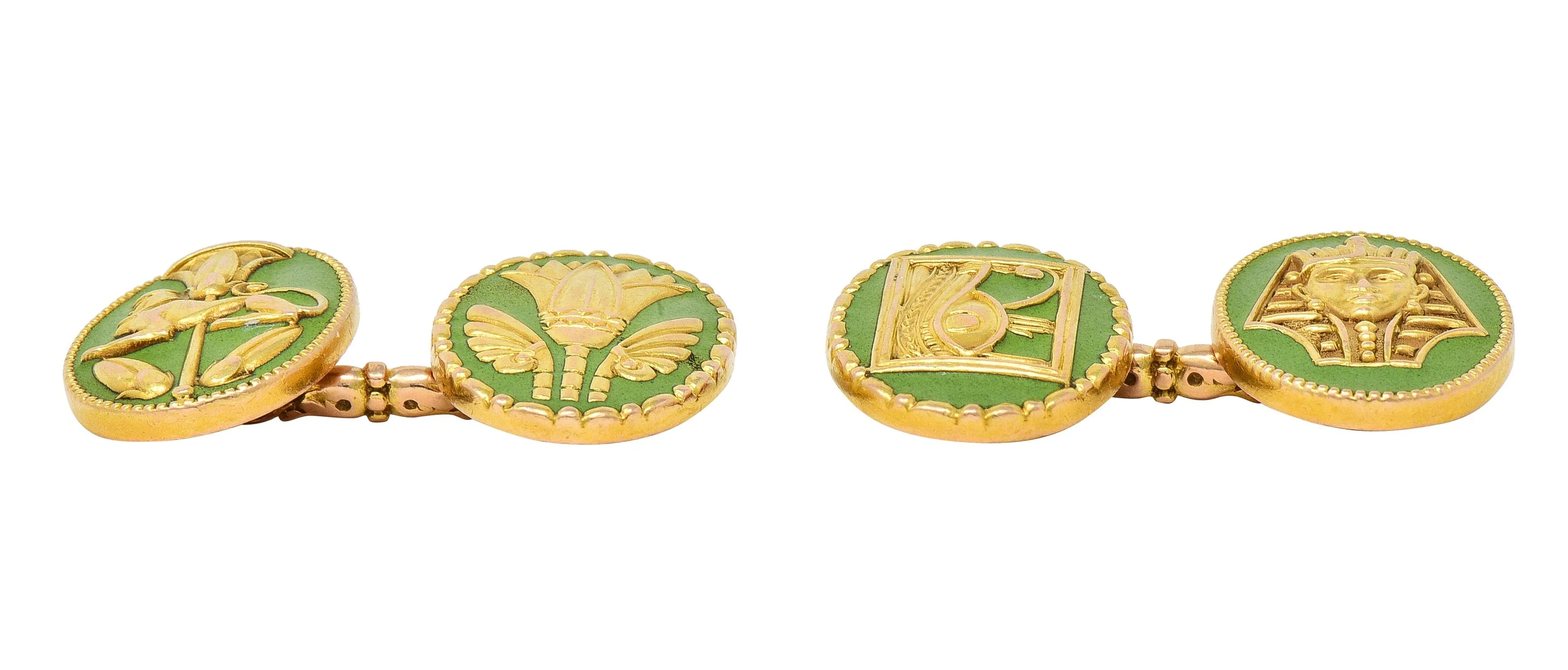 Marcus & Co. Early Art Deco Egyptian Revival Enamel 14 Karat Yellow Gold Antique Cufflinks - Image 8