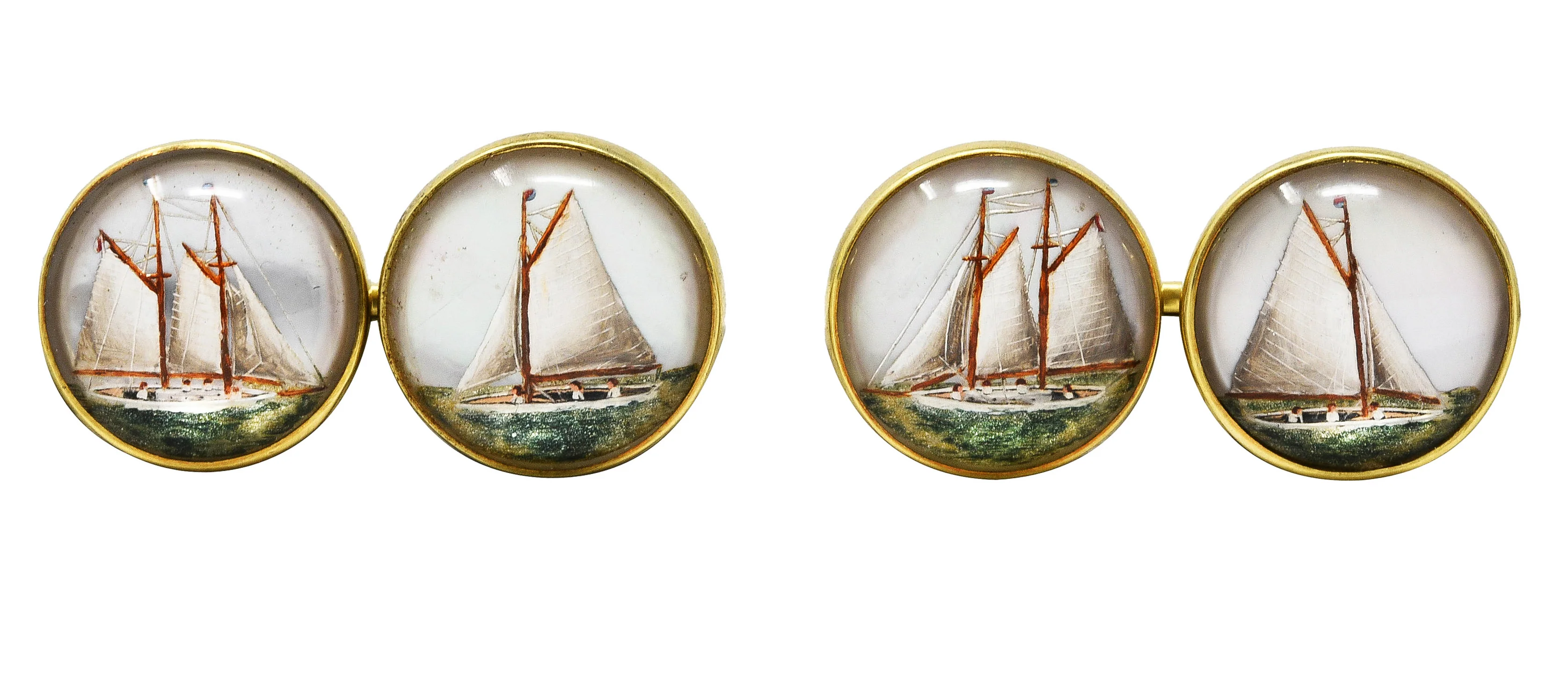 Marcus & Co. Edwardian Painted Essex Crystal Mother-Of-Pearl 14 Karat Yellow Gold Sailboat Antique Men's Cufflinks