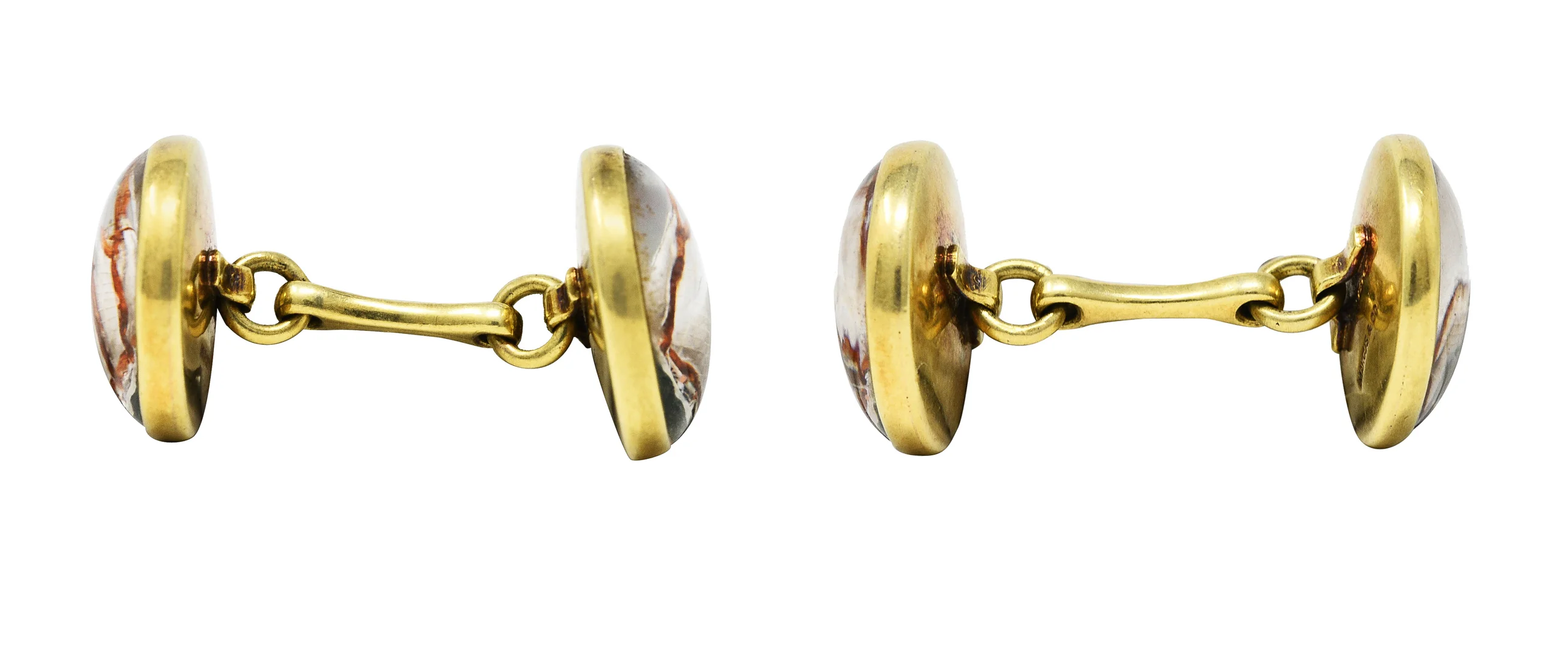 Marcus & Co. Edwardian Painted Essex Crystal Mother-Of-Pearl 14 Karat Yellow Gold Sailboat Antique Men's Cufflinks - Image 2