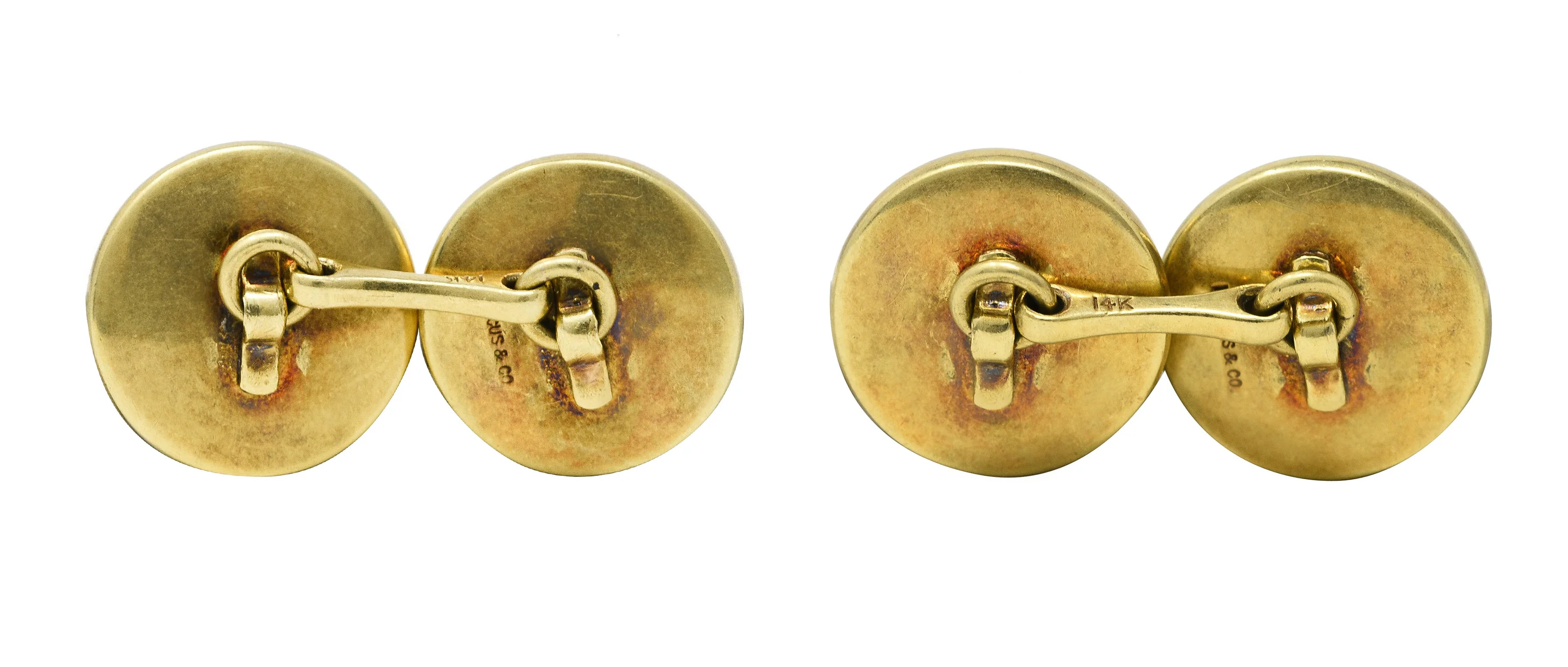 Marcus & Co. Edwardian Painted Essex Crystal Mother-Of-Pearl 14 Karat Yellow Gold Sailboat Antique Men's Cufflinks - Image 3