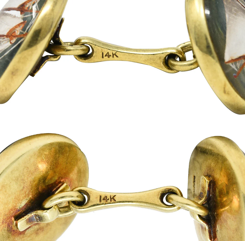 Marcus & Co. Edwardian Painted Essex Crystal Mother-Of-Pearl 14 Karat Yellow Gold Sailboat Antique Men's Cufflinks - Image 5