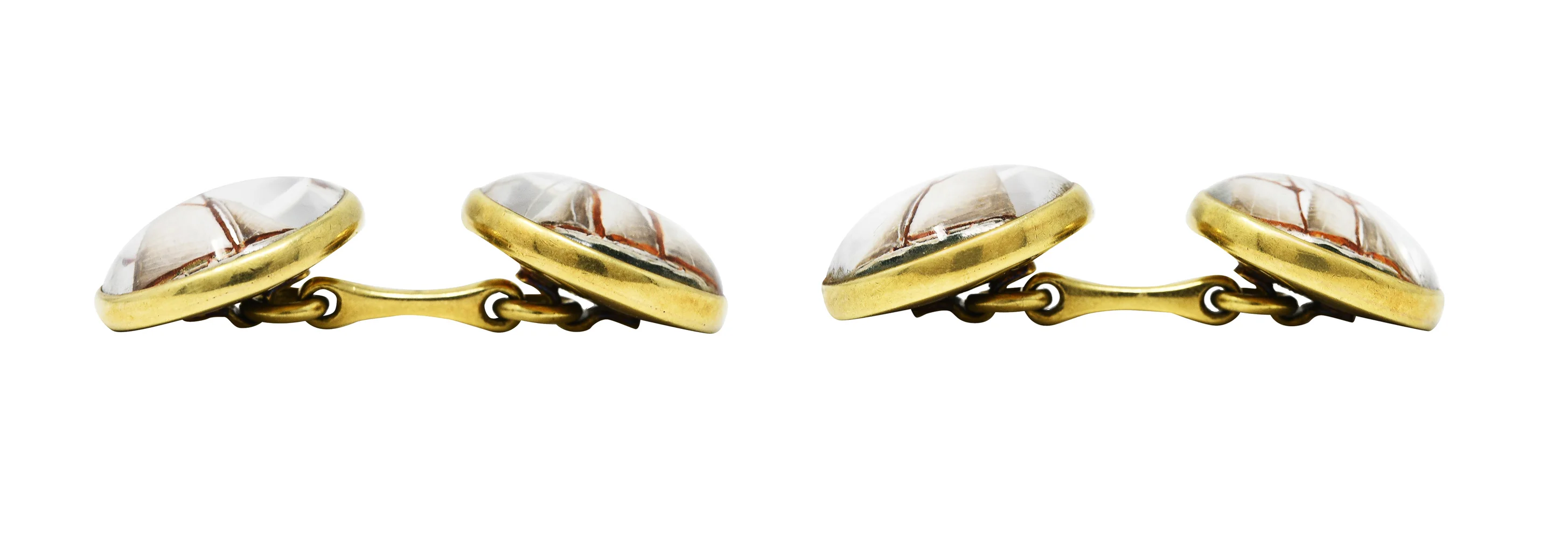 Marcus & Co. Edwardian Painted Essex Crystal Mother-Of-Pearl 14 Karat Yellow Gold Sailboat Antique Men's Cufflinks - Image 6