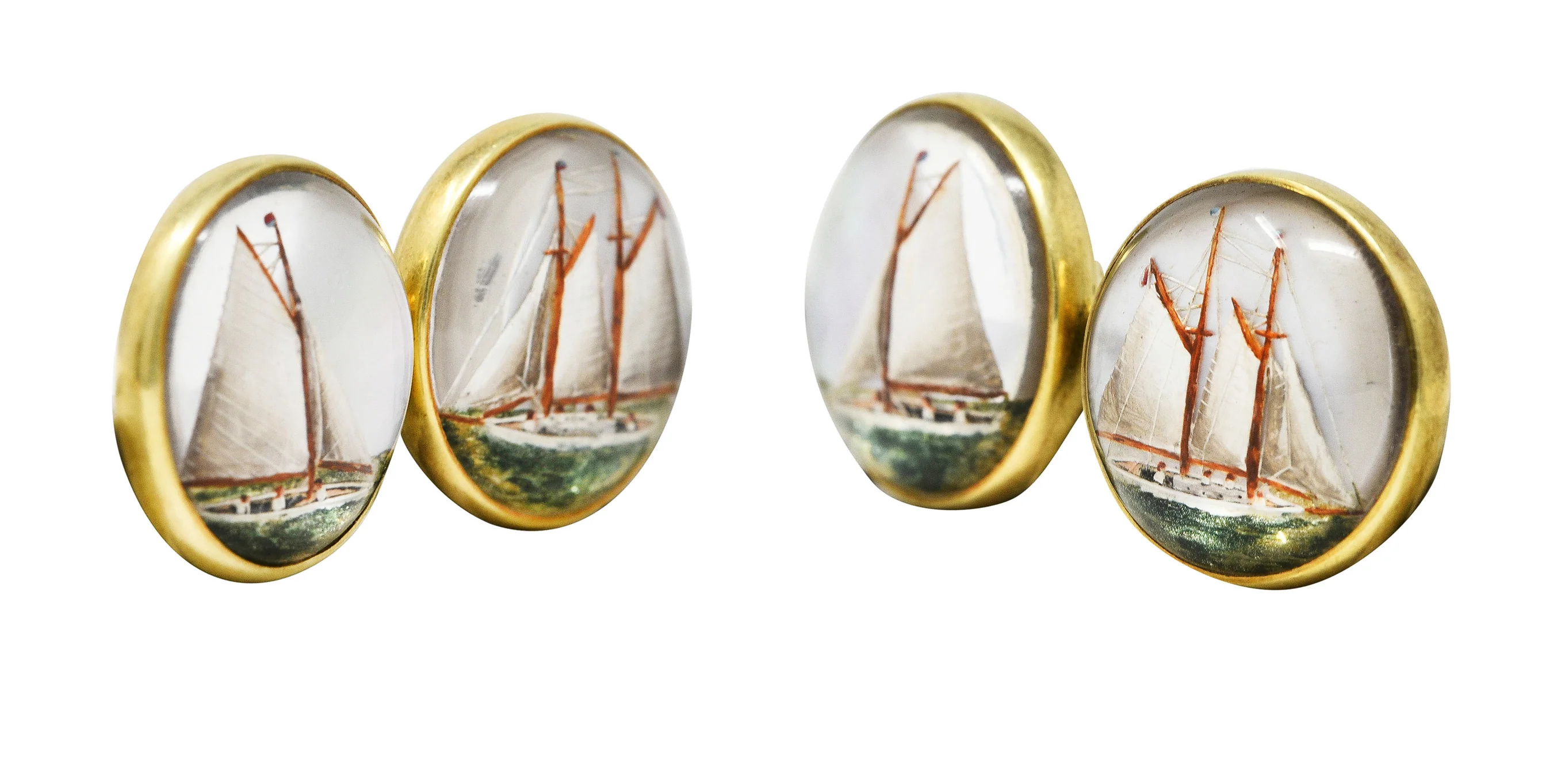 Marcus & Co. Edwardian Painted Essex Crystal Mother-Of-Pearl 14 Karat Yellow Gold Sailboat Antique Men's Cufflinks - Image 7