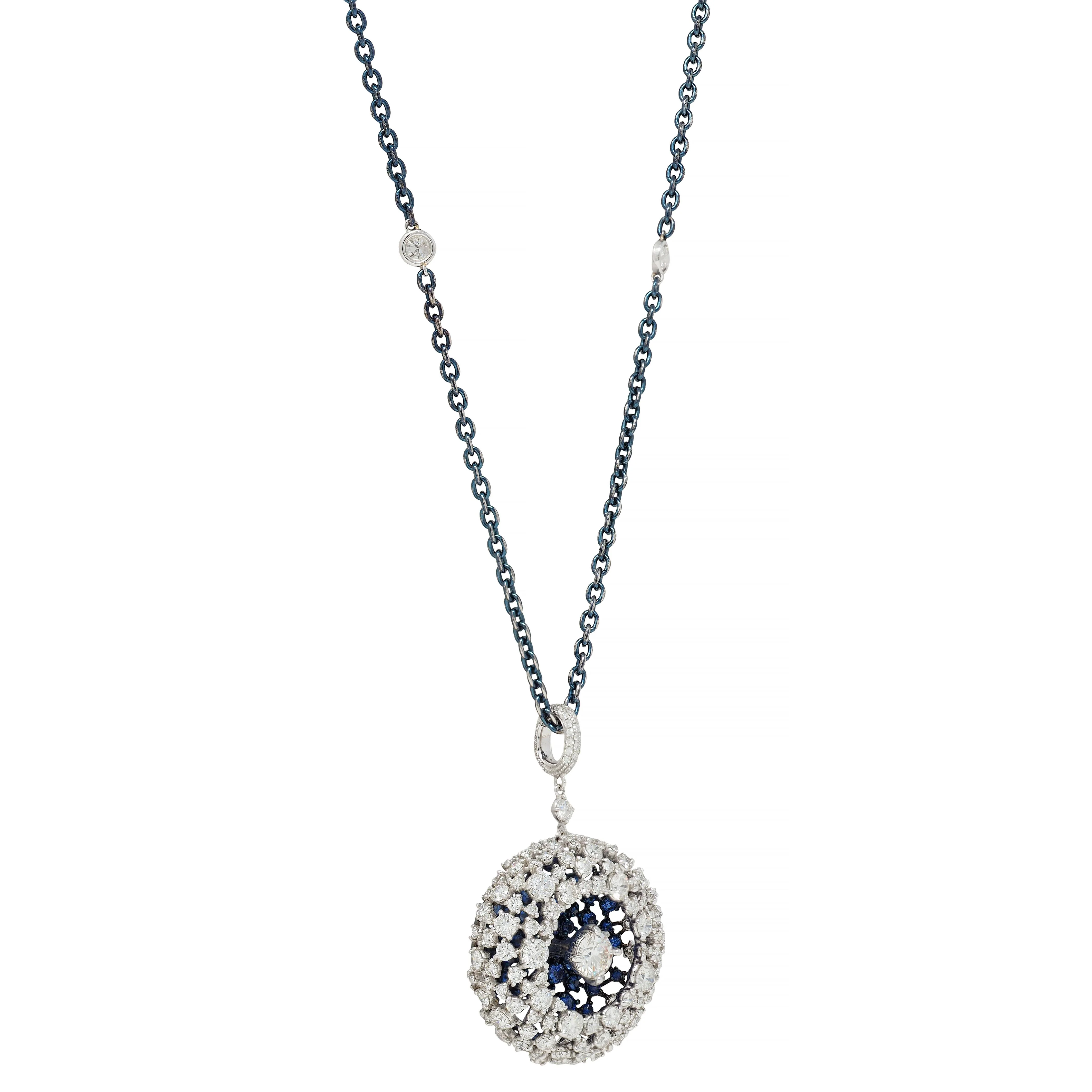 Mariani 7.25 CTW Sapphire Diamond 18 Karat White Gold Blue Rhodium PonPon Pendant Necklace - Image 5