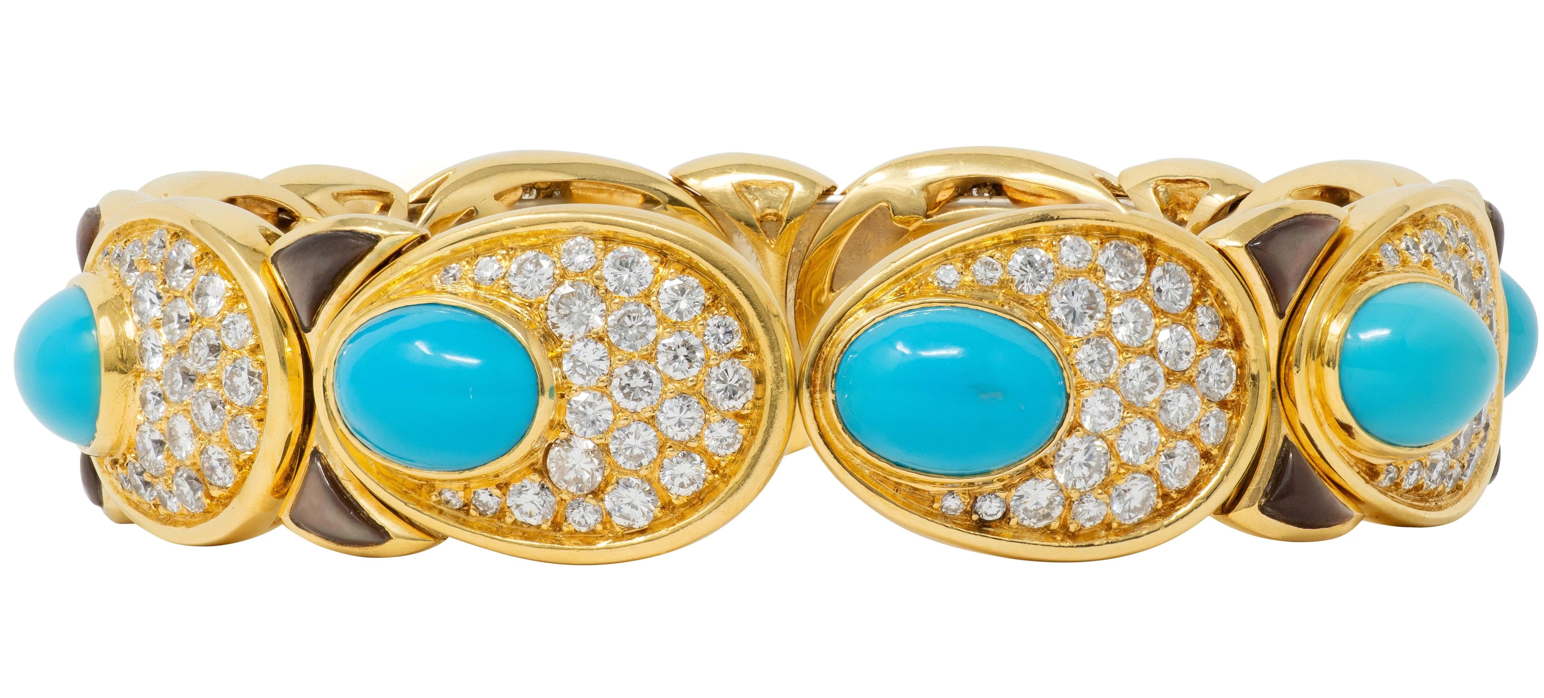 Marina B. 1984 French Diamond Turquoise Abalone 18 Karat Yellow Gold Vintage Cuff Bracelet - Image 5