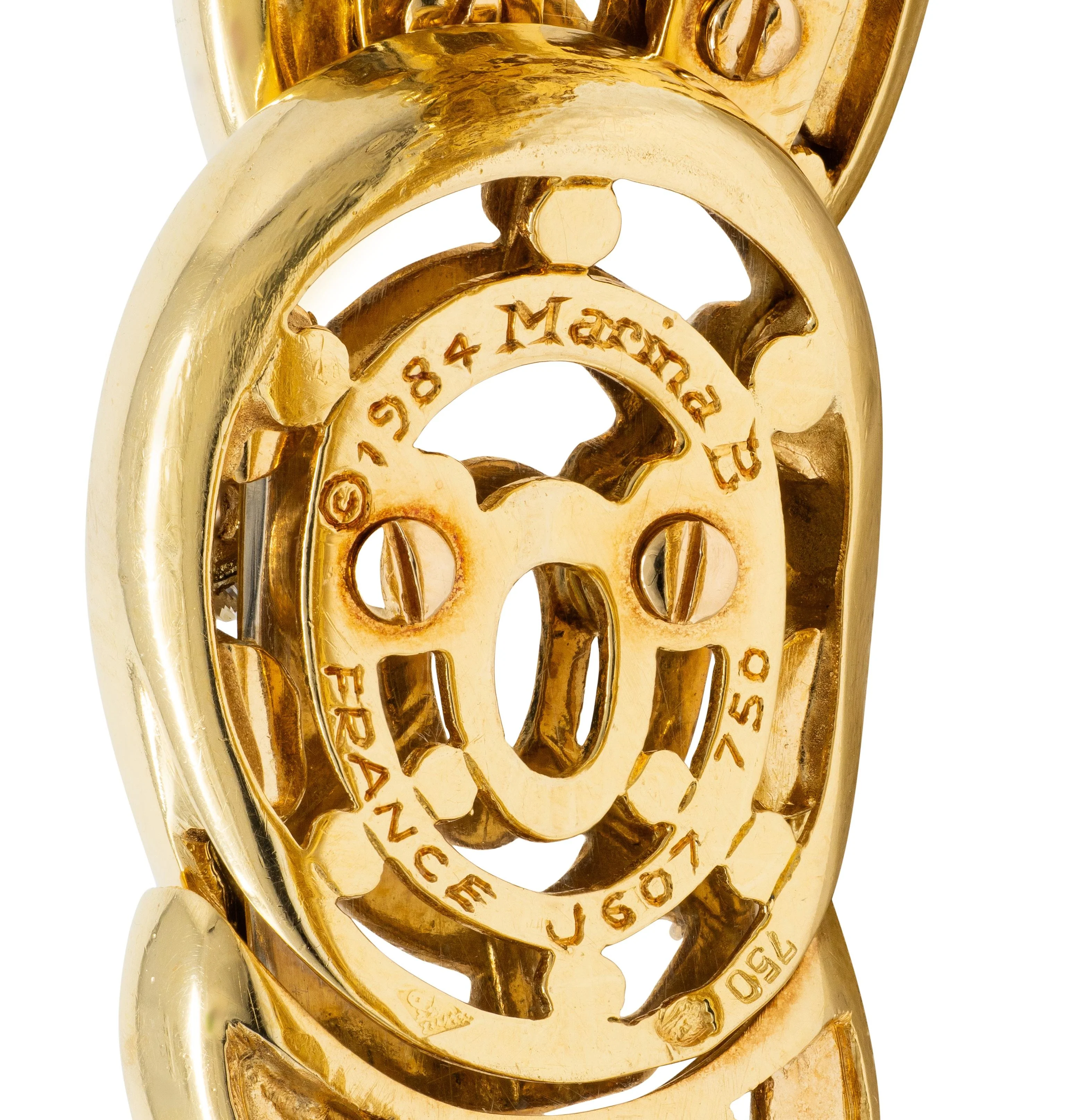 Marina B. 1984 French Diamond Turquoise Abalone 18 Karat Yellow Gold Vintage Cuff Bracelet - Image 6
