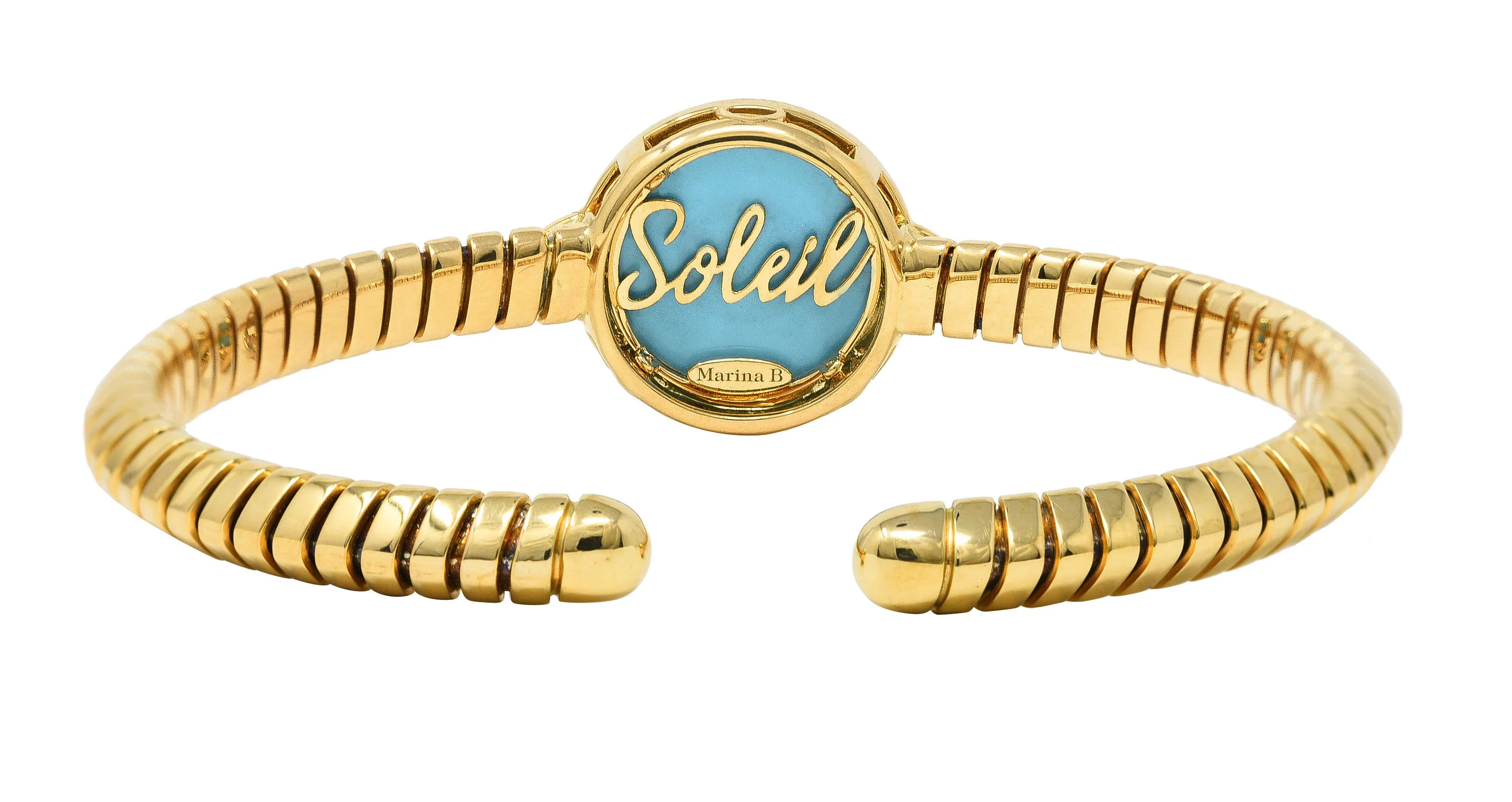 Marina B. Contemporary Diamond Turquoise Platinum 18 Karat Yellow Gold Soleil Vintage Tubogas Cuff - Image 4